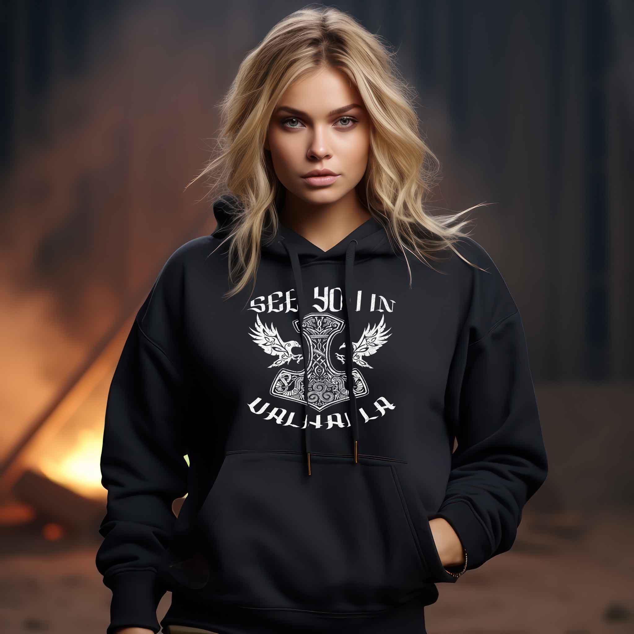 See You In Valhalla" Schildmaiden Hoodie – Ehrenvolles Krieger-Design - Nordic Viking Wear