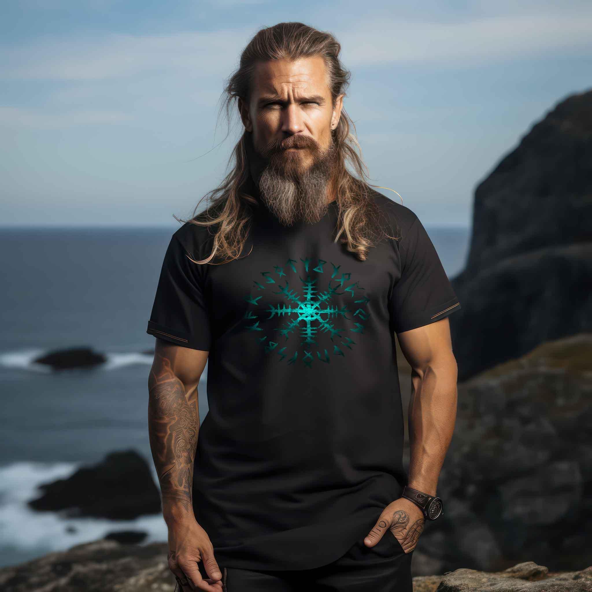 Wikinger Helm des Schreckens Premiumshirt Front – Mystischer Runenkreis - Nordic Viking Wear