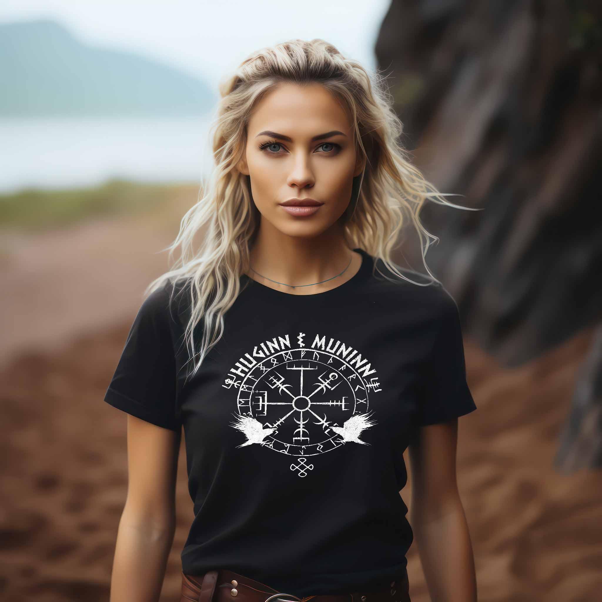 Schildmaiden Extendet Shirt – „Huginn & Muninn“-Design mit Vegvisir - Nordic Viking Wear
