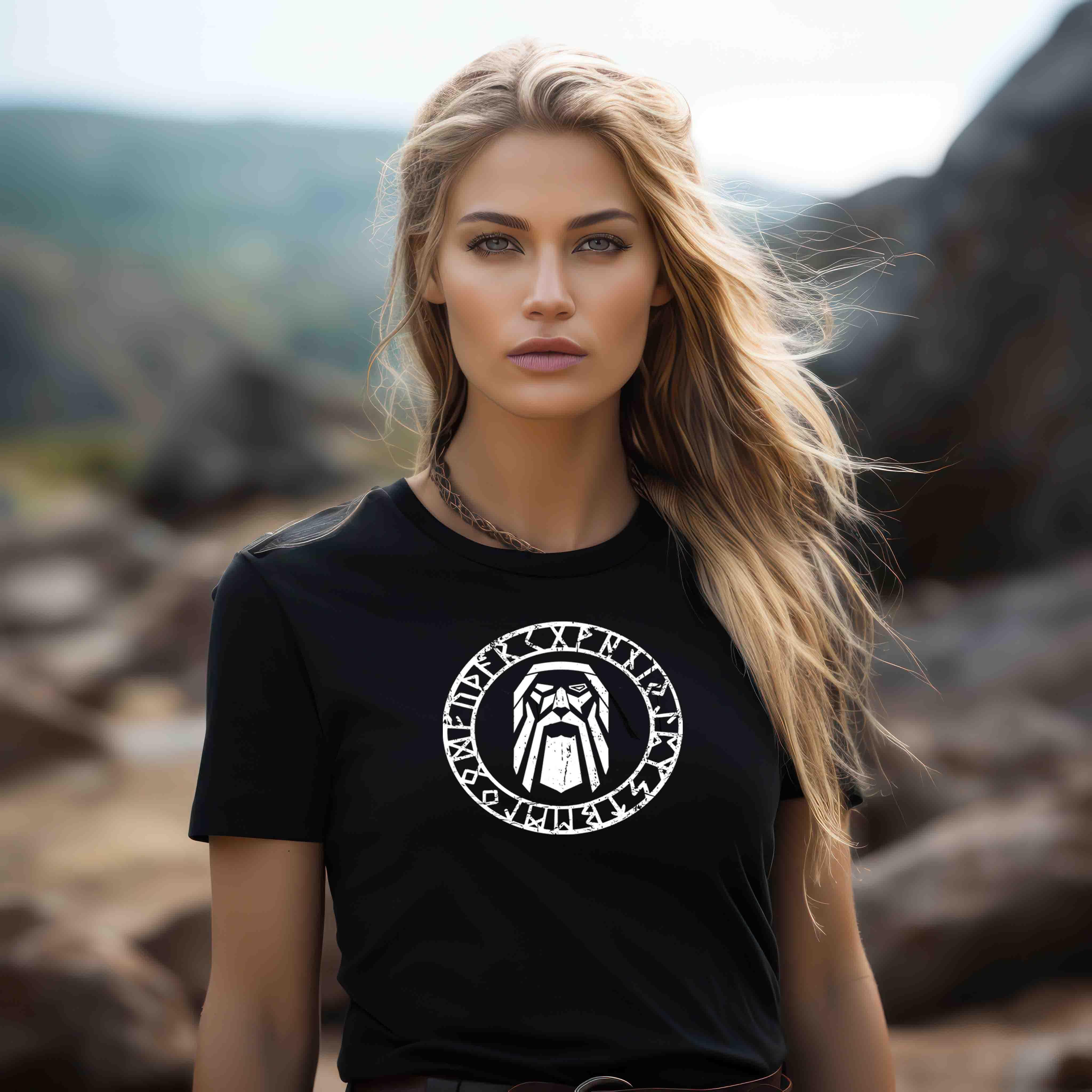 Odin im Runenkreis Schildmaiden-Premiumshirt – Mystisches Symbol-Shirt - Nordic Viking Wear