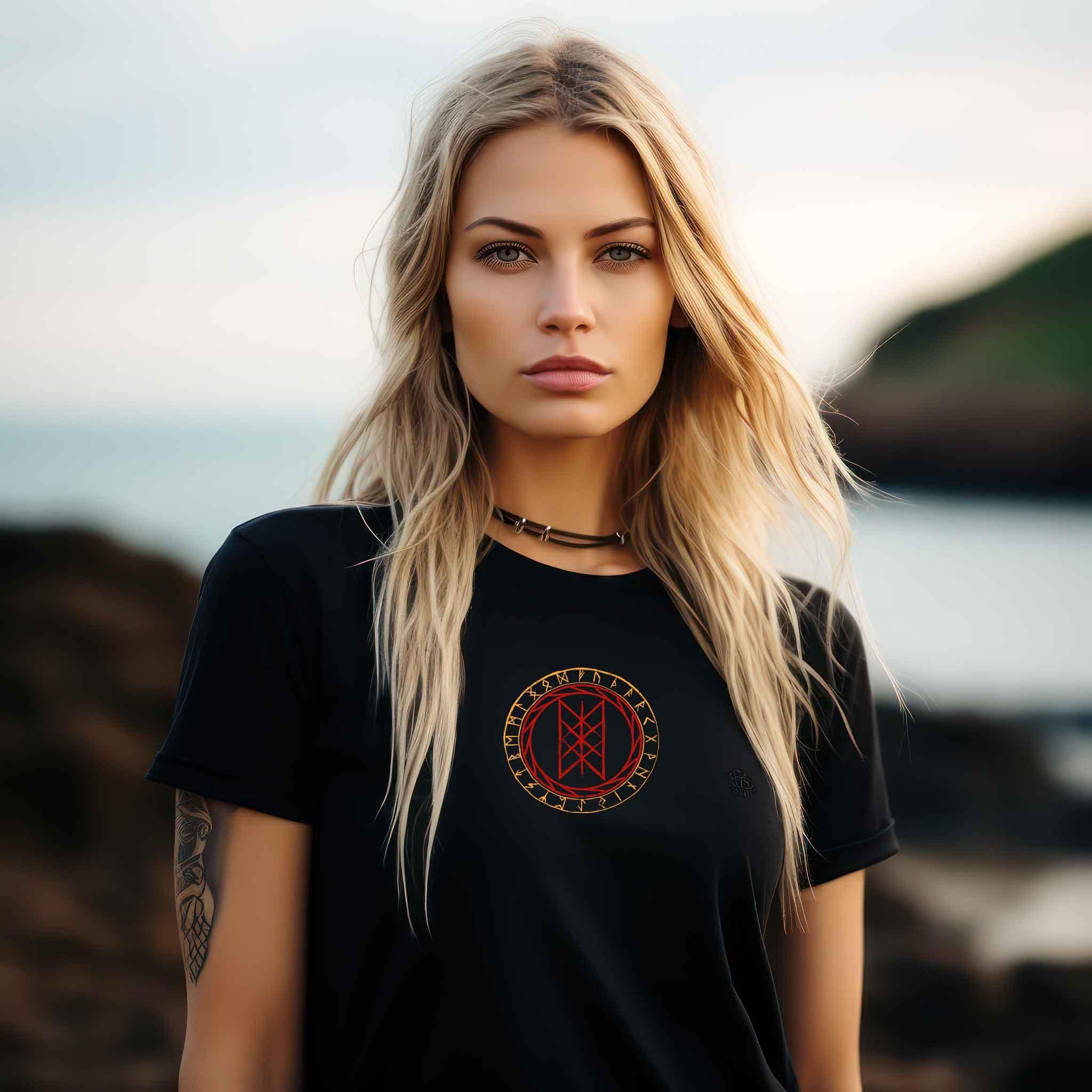 Schildmaiden Premiumshirt mit Wyrd-Web und Runenkreis - Mystisches Nordisches Symbol Shirt - Nordic Viking Wear
