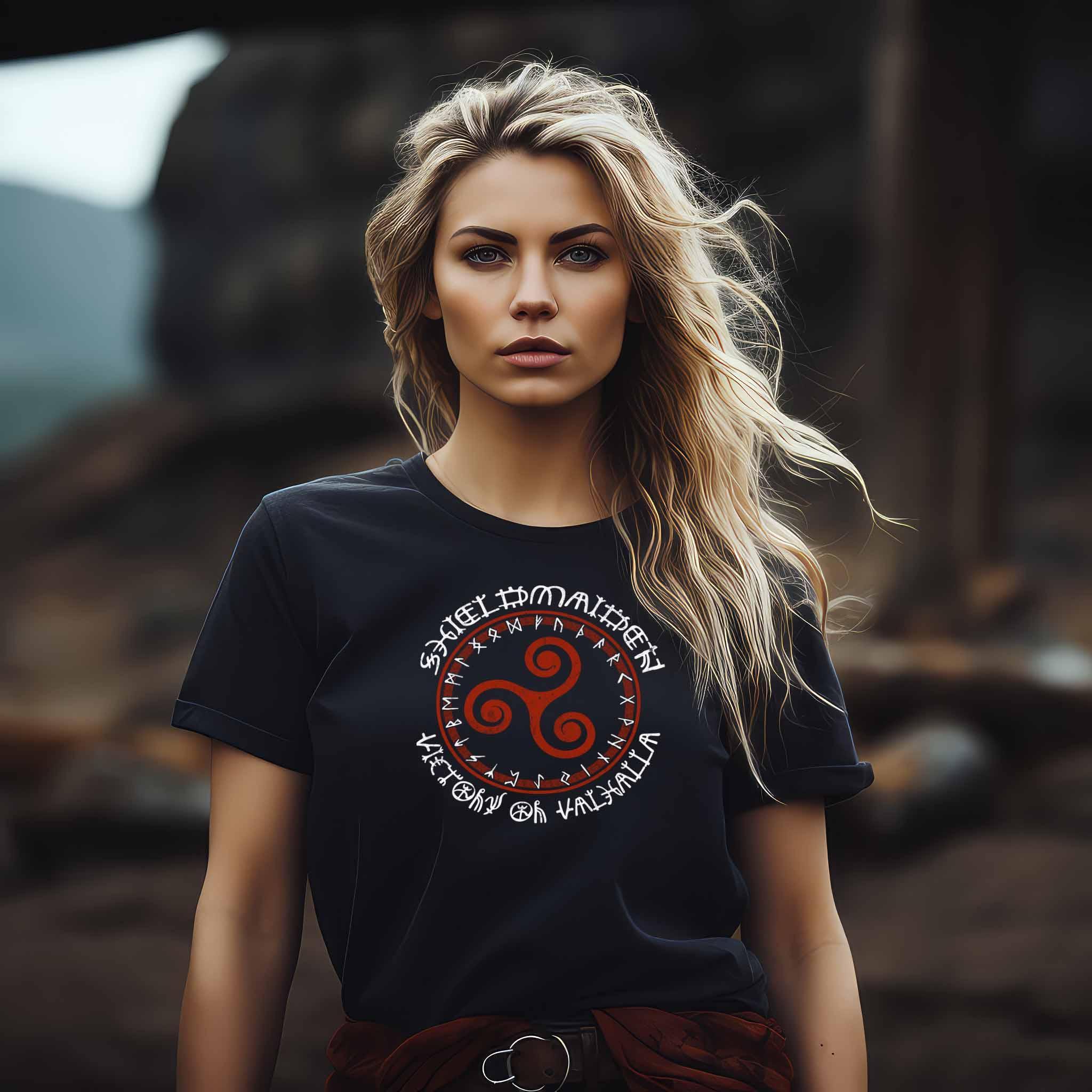 Triskelion Ehre: Schildmaiden T-Shirt mit Runenkreis – Victory Or Valhalla - Nordic Viking Wear