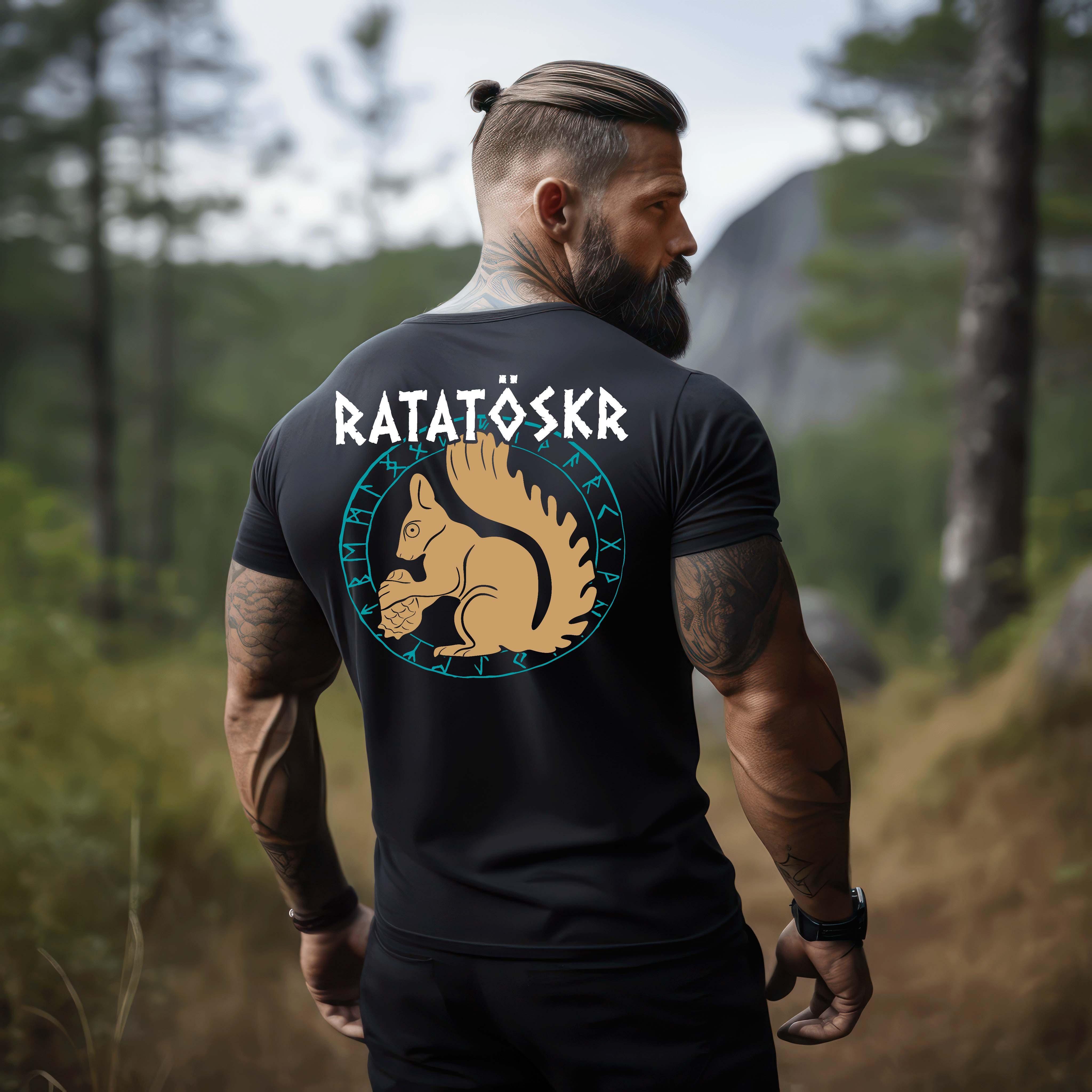 Premium Wikinger T-Shirt "RATATÖSKR" – Eichhörnchen-Design mit Runenkreis Backprint - Nordic Viking Wear