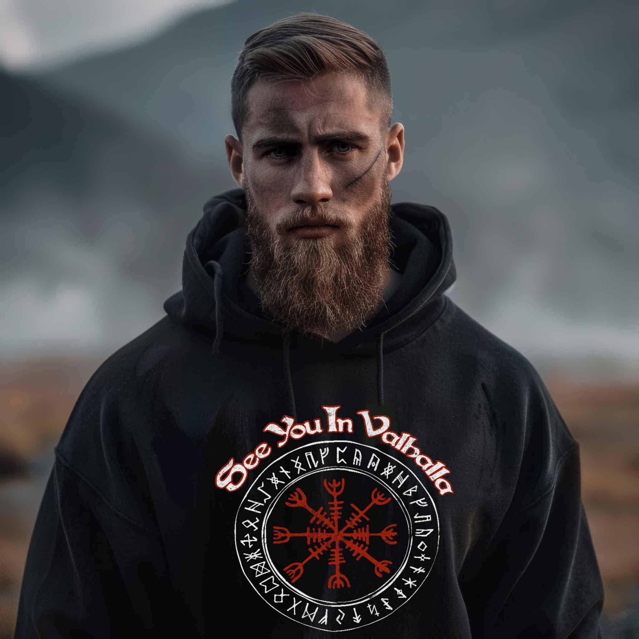 Wikinger Oversized Hoodie - "See You In Valhalla" Design mit Helm Of Awe (Ægishjálmr) - Nordic Viking Wear