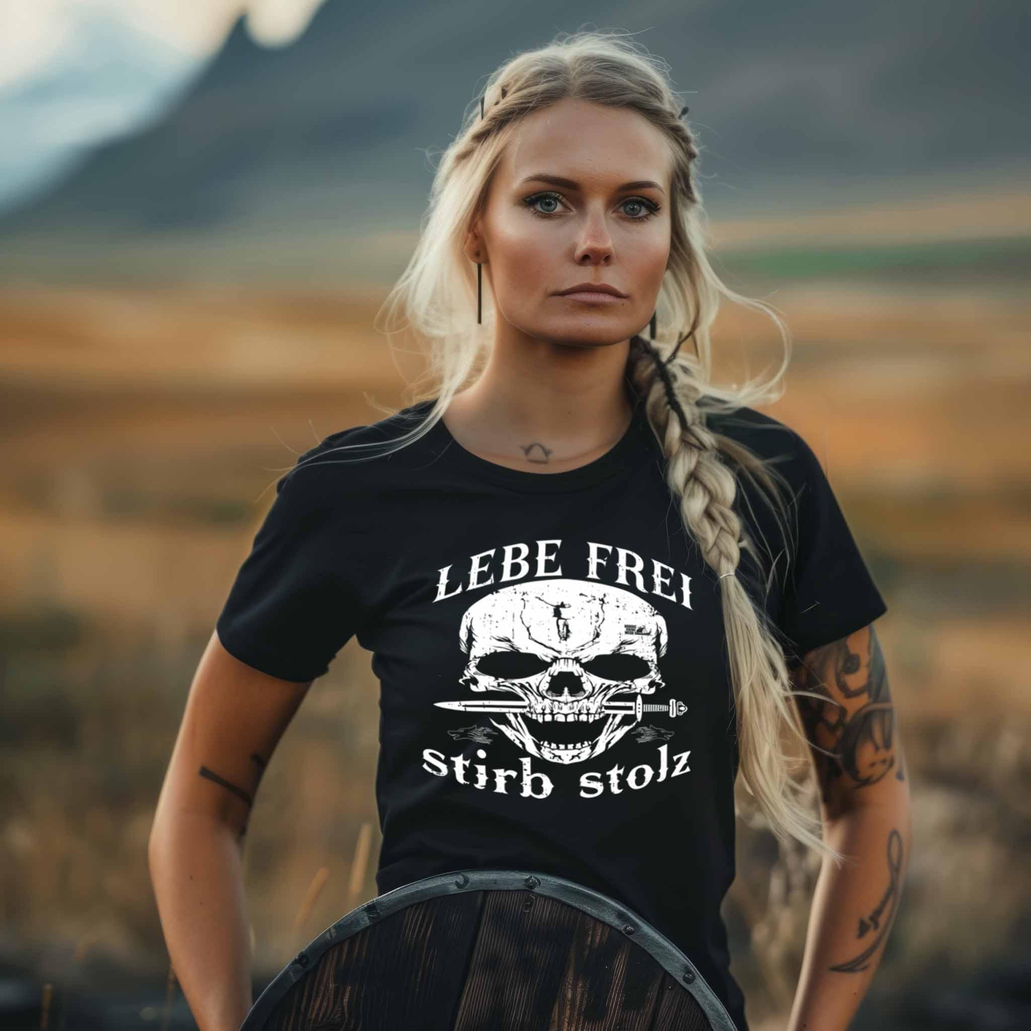 Lebe Frei, Stirb Stolz – Schildmaiden Shirt mit Totenkopf und Schwert-Design - Nordic Viking Wear