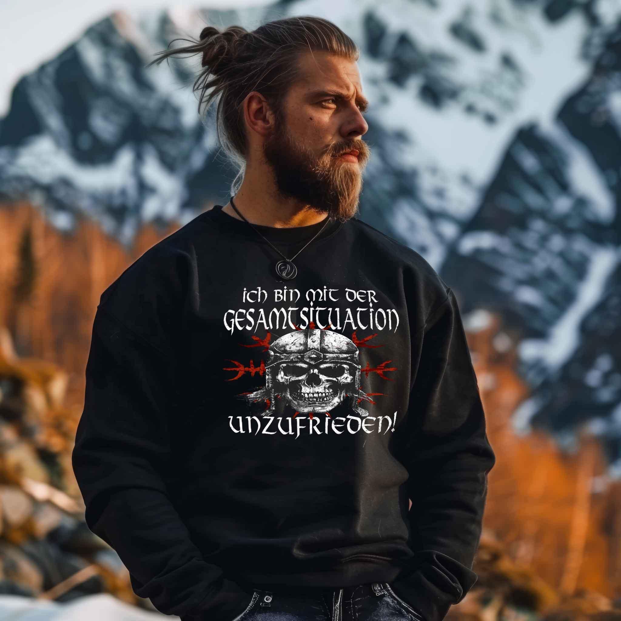 Lustiges Wikinger Sweatshirt 'Unzufrieden' – Helm of Awe und rebellischer Geist - Nordic Viking Wear