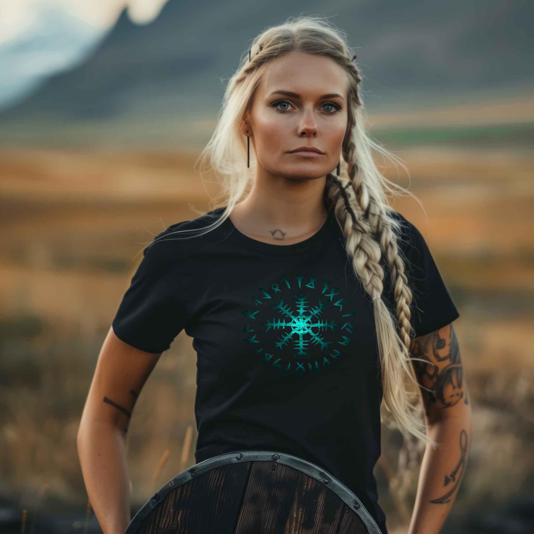 Schildmaiden Helm des Schreckens Premiumshirt – Mystischer Runenkreis - Nordic Viking Wear