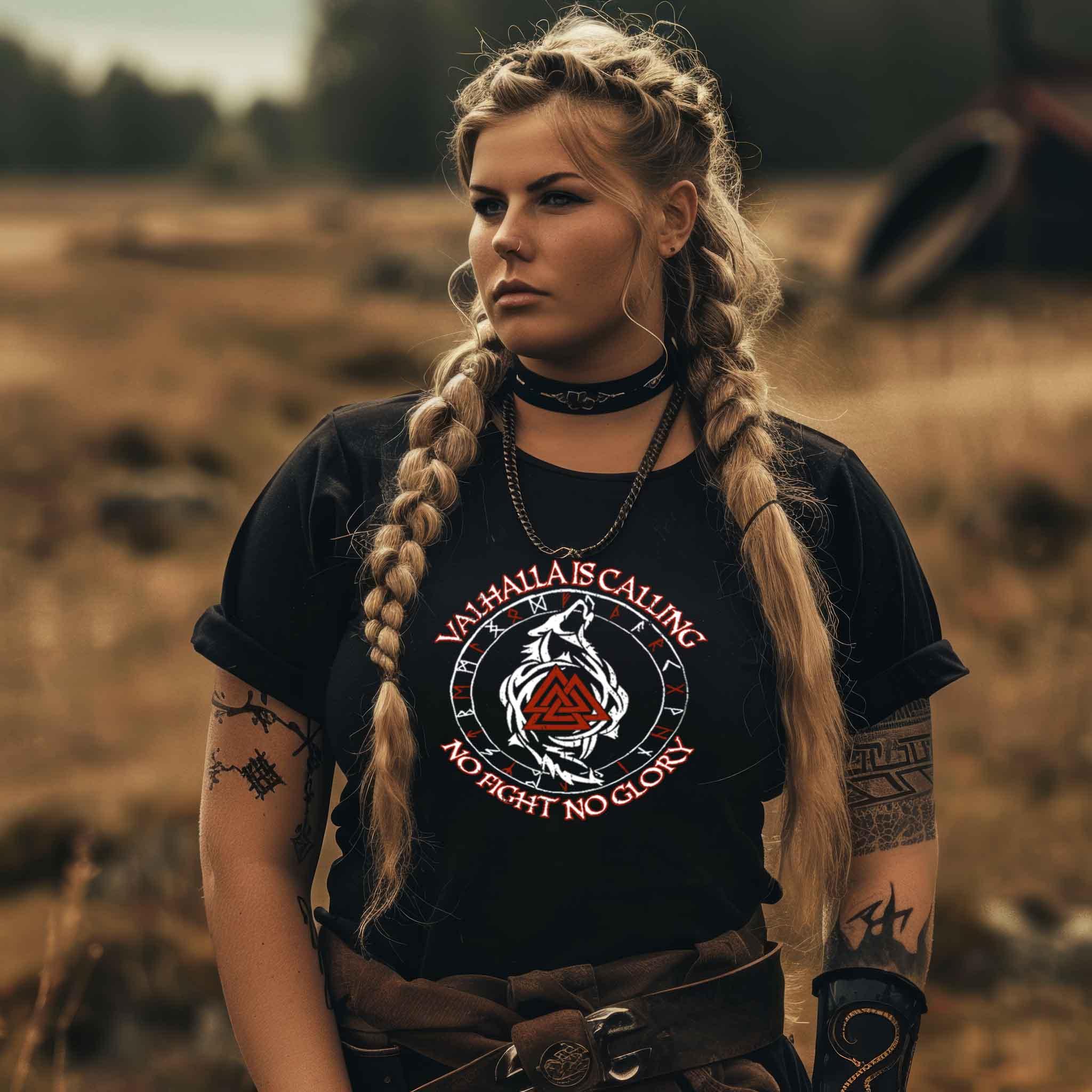 Valhalla Is Calling – No Fight No Glory | Schildmaiden Extended Shirt mit Runen, Wolf und Valknut - Nordic Viking Wear