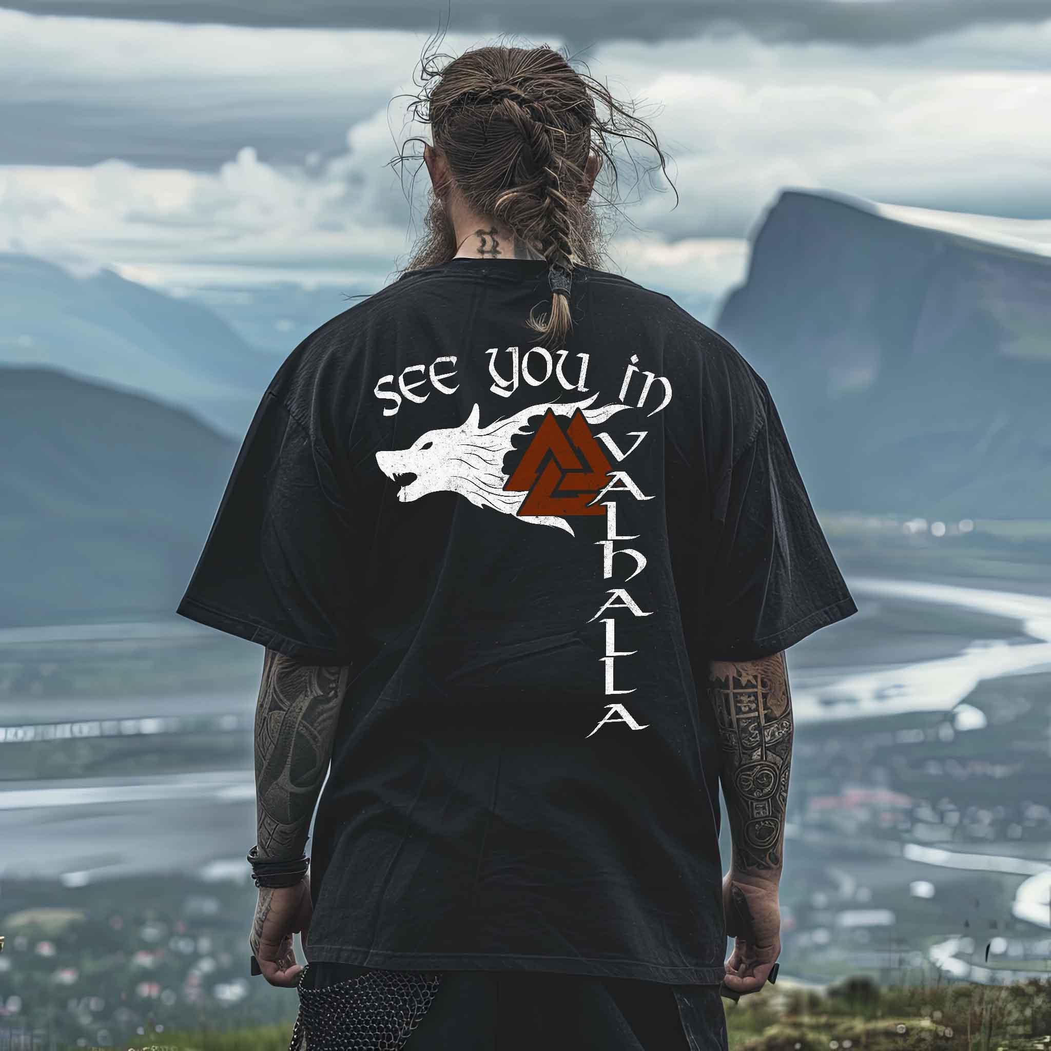 Wikinger "See You in Valhalla" Heavy Oversized Shirt mit Wolfssymbol - Nordic Viking Wear
