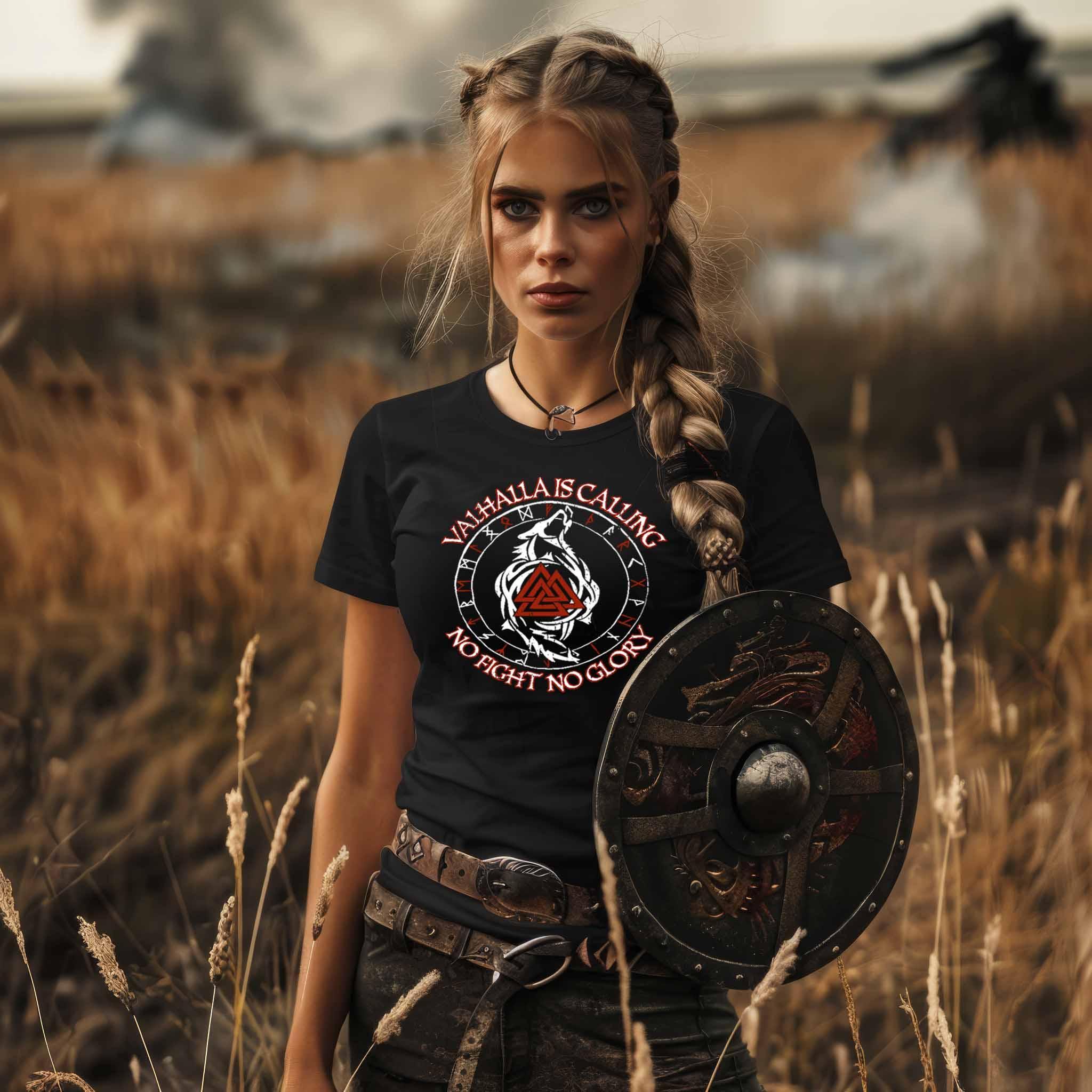 Valhalla Is Calling – No Fight No Glory | Schildmaiden Expresser Shirt mit Runen, Wolf und Valknut - Nordic Viking Wear