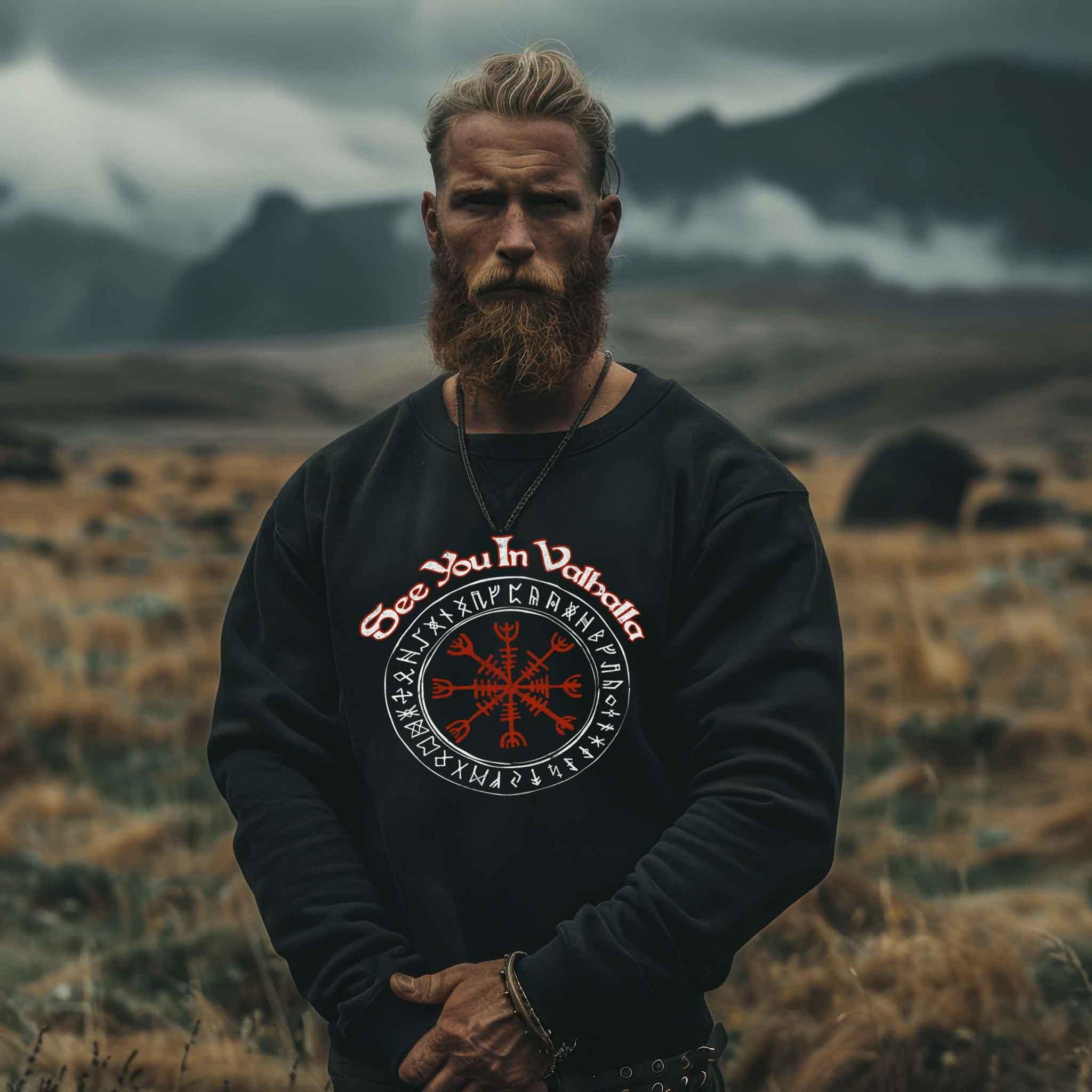 Wikinger Sweatshirt - "See You In Valhalla" Design mit Helm Of Awe (Ægishjálmr) - Nordic Viking Wear
