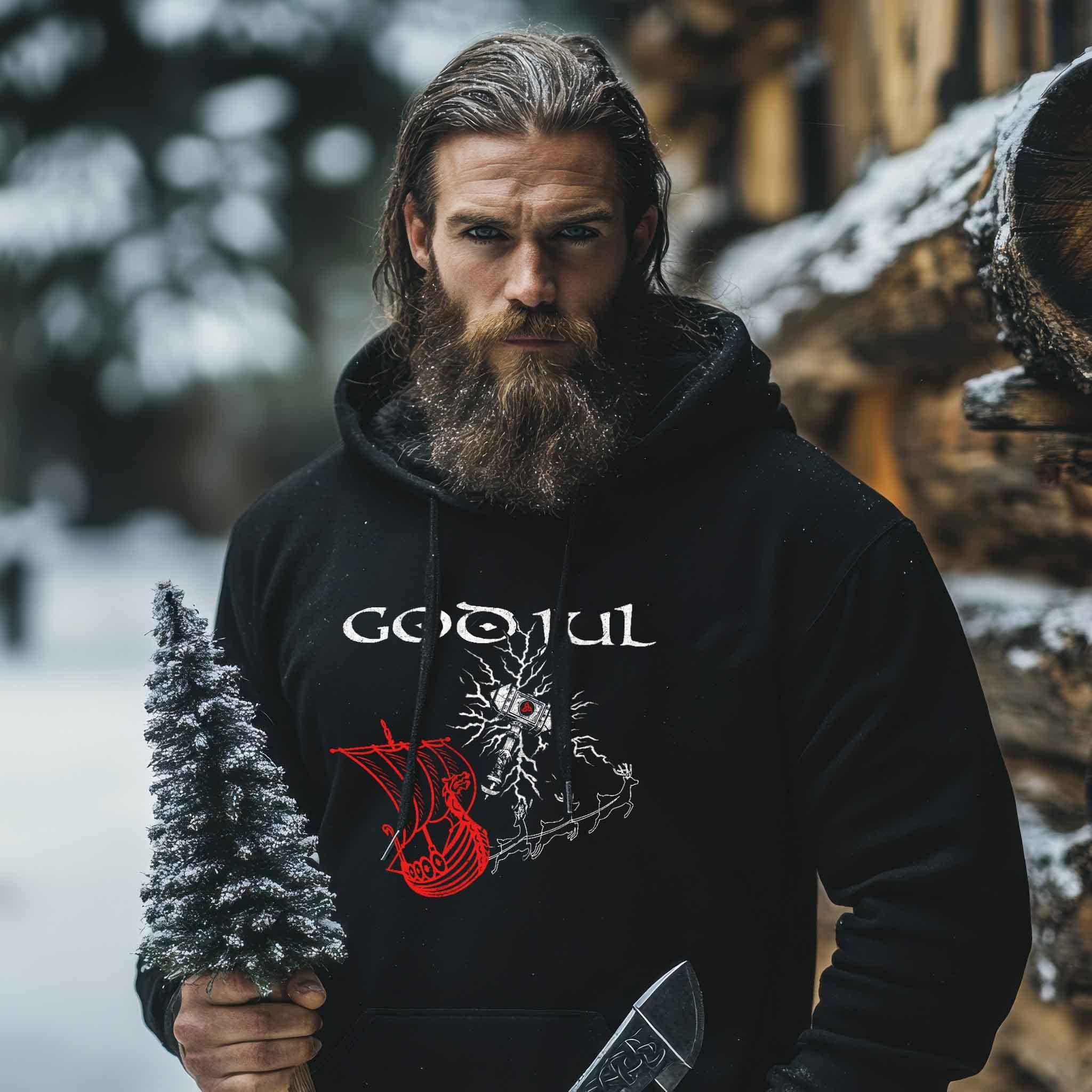 Weihnachts-Premium Hoodie – God Jul Design mit Thors Hammer & Drachenboot - Nordic Viking Wear