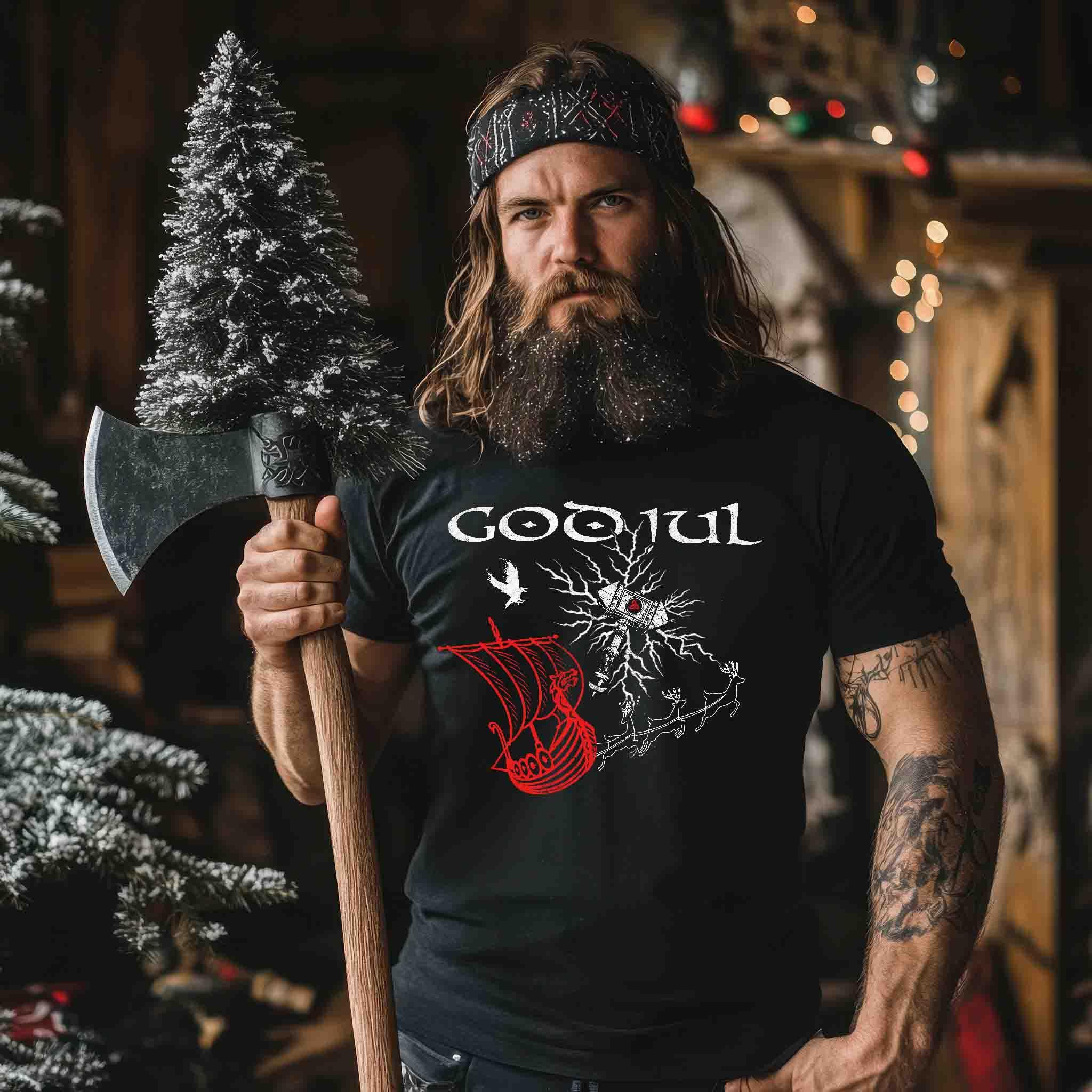 Wikinger Weihnachts-Premiumshirt – God Jul Design mit Thors Hammer & Drachenboot - Nordic Viking Wear