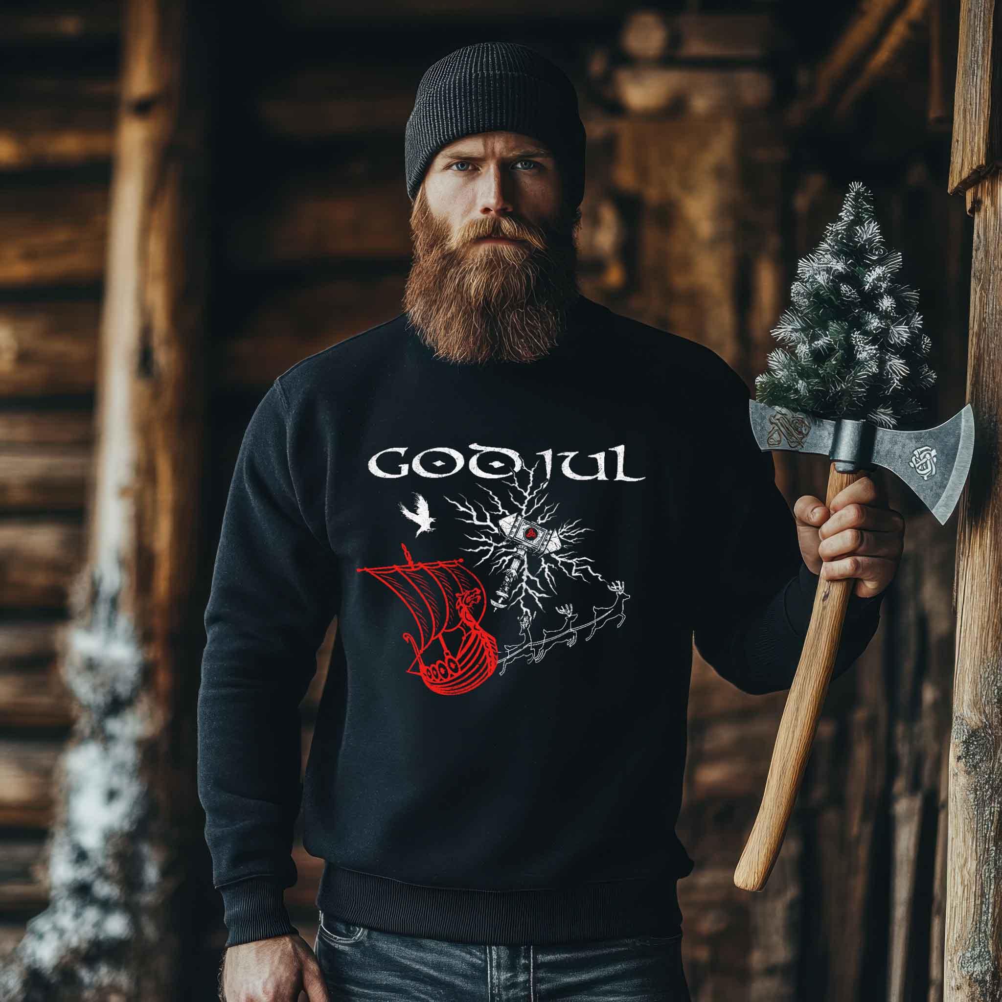 Wikinger Weihnachts-Sweatshirt – God Jul Design mit Thors Hammer & Drachenboot - Nordic Viking Wear