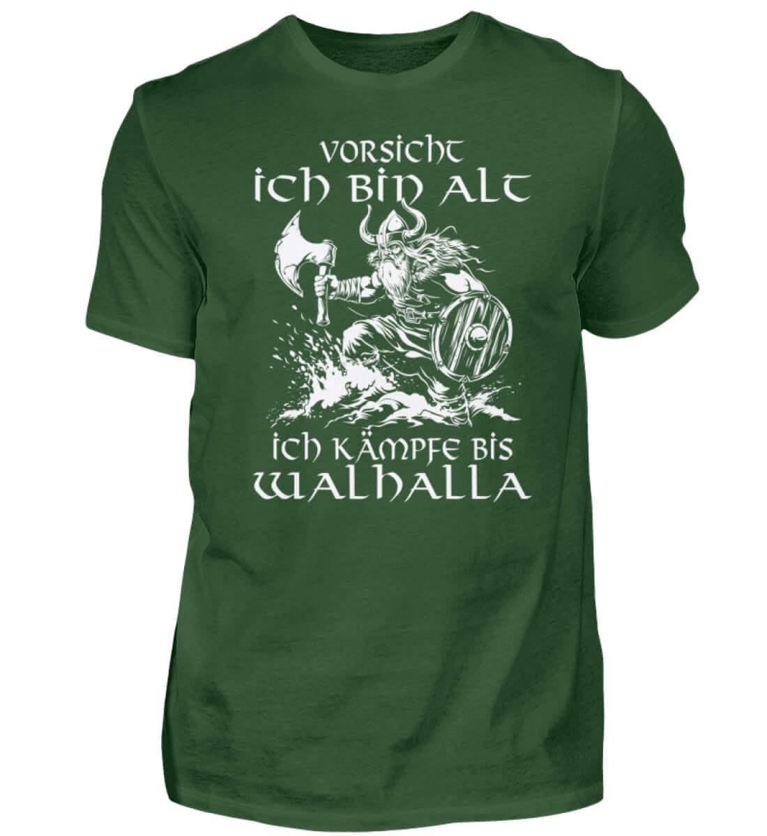 Lustiges Wikinger Premiumshirt - "Vorsicht, Ich Bin Alt. Ich Kämpfe bis Walhalla" - Nordic Viking Wear