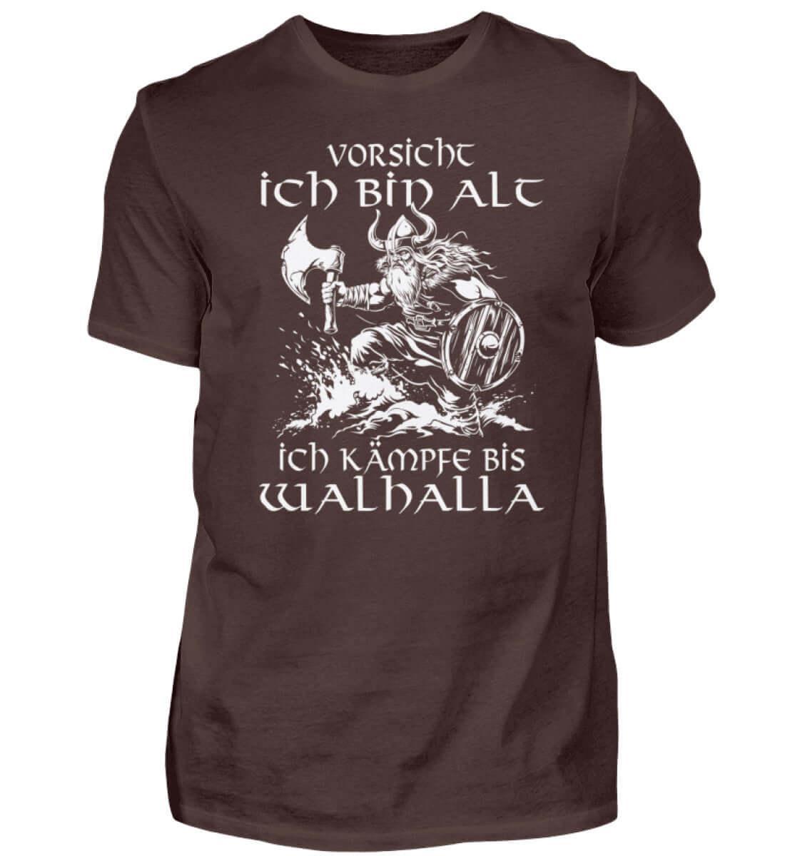 Lustiges Wikinger Premiumshirt - "Vorsicht, Ich Bin Alt. Ich Kämpfe bis Walhalla" - Nordic Viking Wear