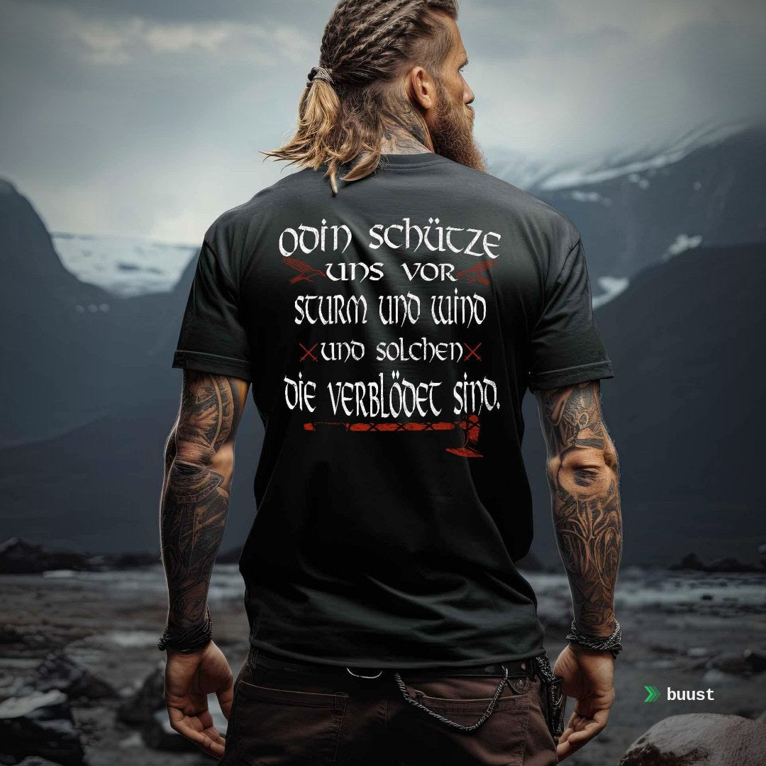 Wikinger Premiumshirt Backprint Odin schütze uns vor Sturm und Wind.