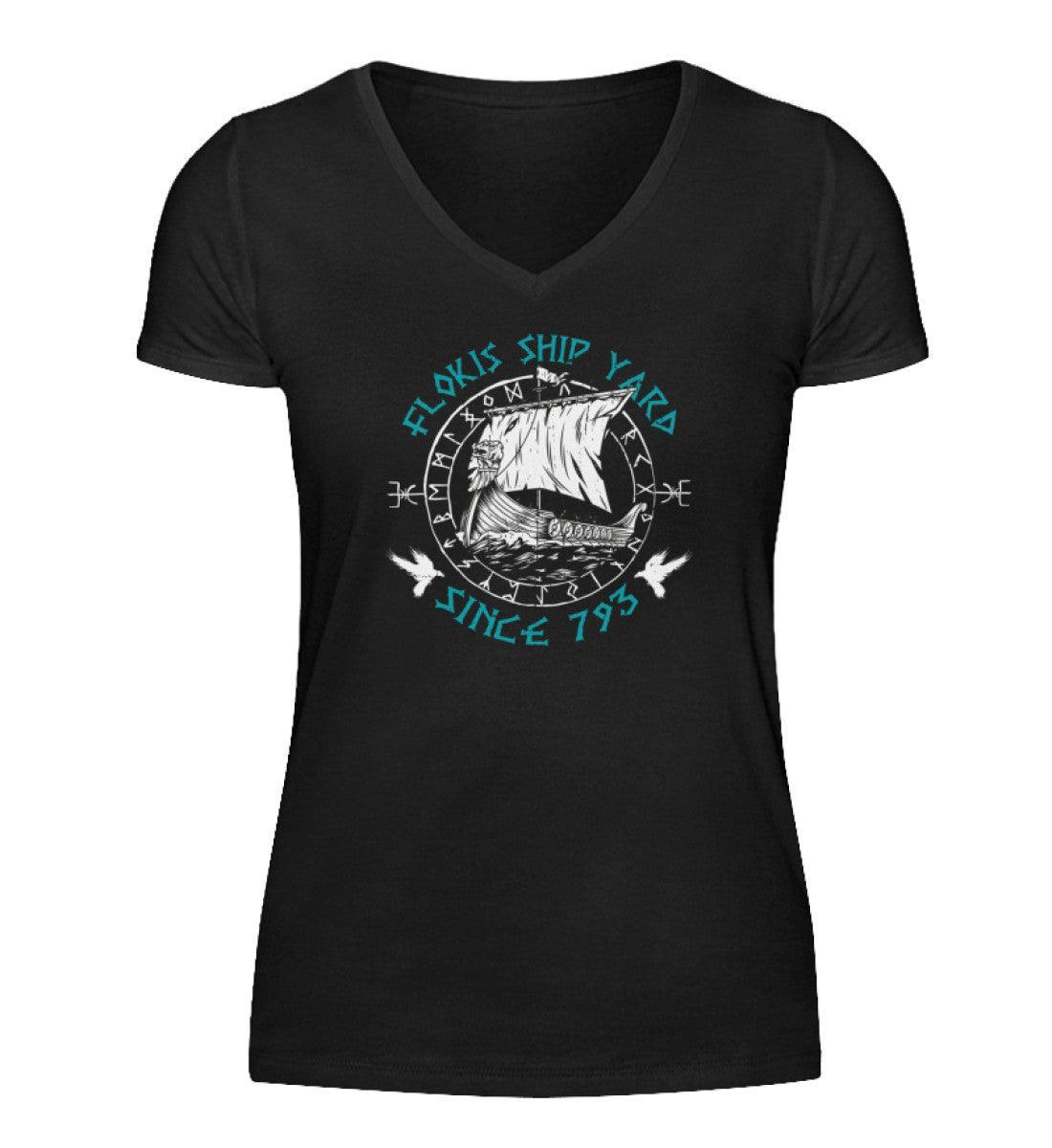 Schildmaiden V-Neck "Flokis Ship Yard" - Einzigartiges Wikingerschiff-Design mit Runenkreis & Raben - Nordic Viking Wear