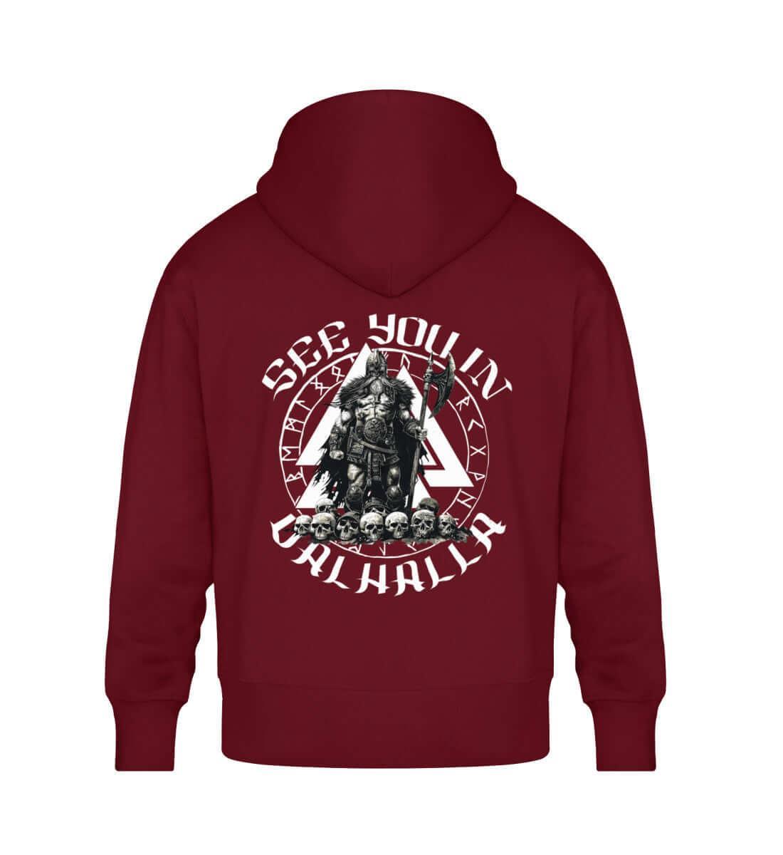 Wikinger-Krieger Oversized Hoodie – „See You in Valhalla“ Rückendruck mit Axt und Helm - Nordic Viking Wear