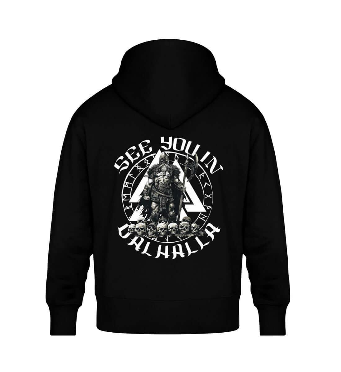 Wikinger-Krieger Oversized Hoodie – „See You in Valhalla“ Rückendruck mit Axt und Helm - Nordic Viking Wear