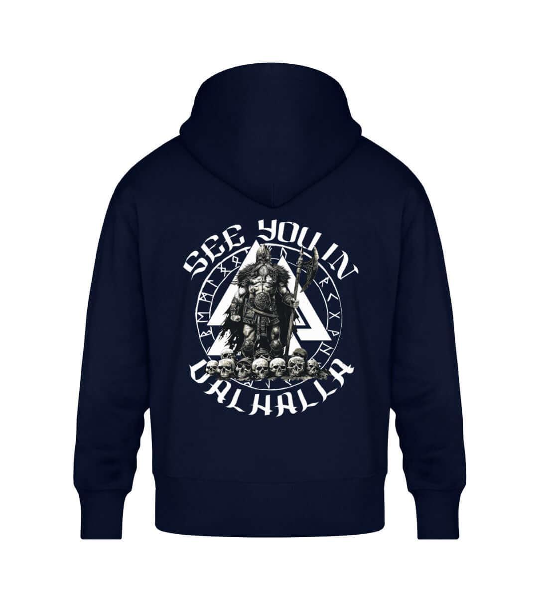 Wikinger-Krieger Oversized Hoodie – „See You in Valhalla“ Rückendruck mit Axt und Helm - Nordic Viking Wear