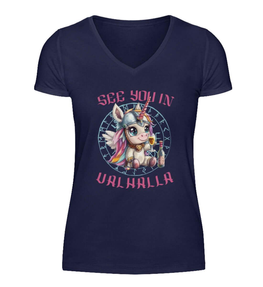 Schildmaid Einhorn V-Neck – 'Triff mich in Walhalla' Lustiges Wikinger-Shirt - Nordic Viking Wear
