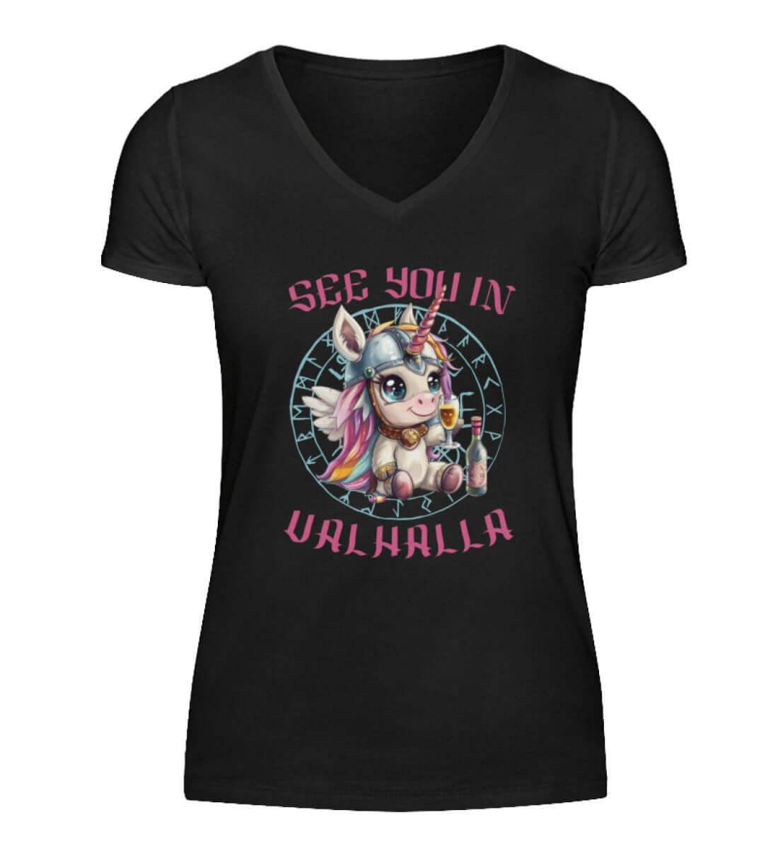 Schildmaid Einhorn V-Neck – 'Triff mich in Walhalla' Lustiges Wikinger-Shirt - Nordic Viking Wear
