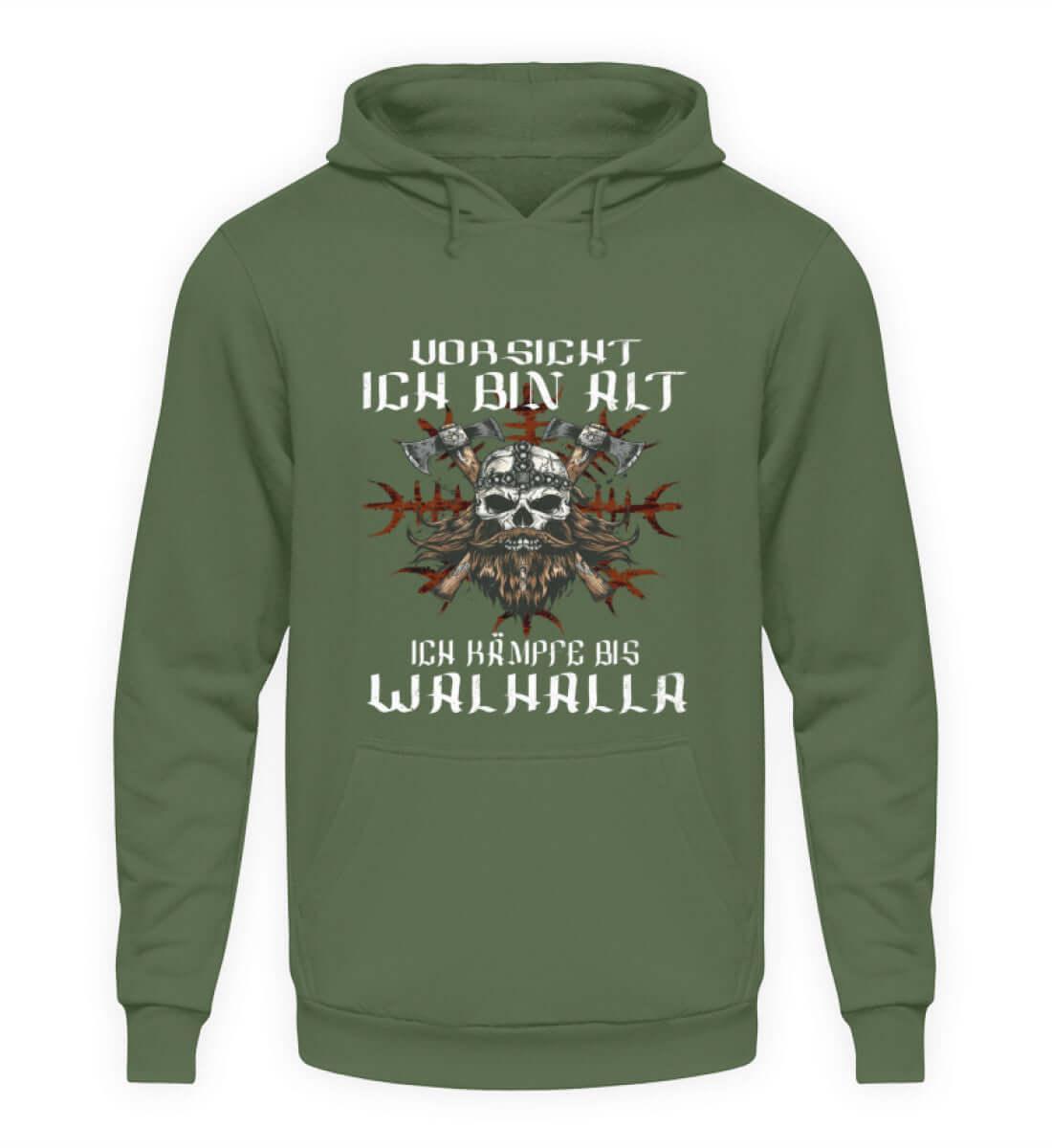 Lustiger Wikinger Hoodie - "Vorsicht, Ich Bin Alt. Ich Kämpfe bis Walhalla" - Nordic Viking Wear