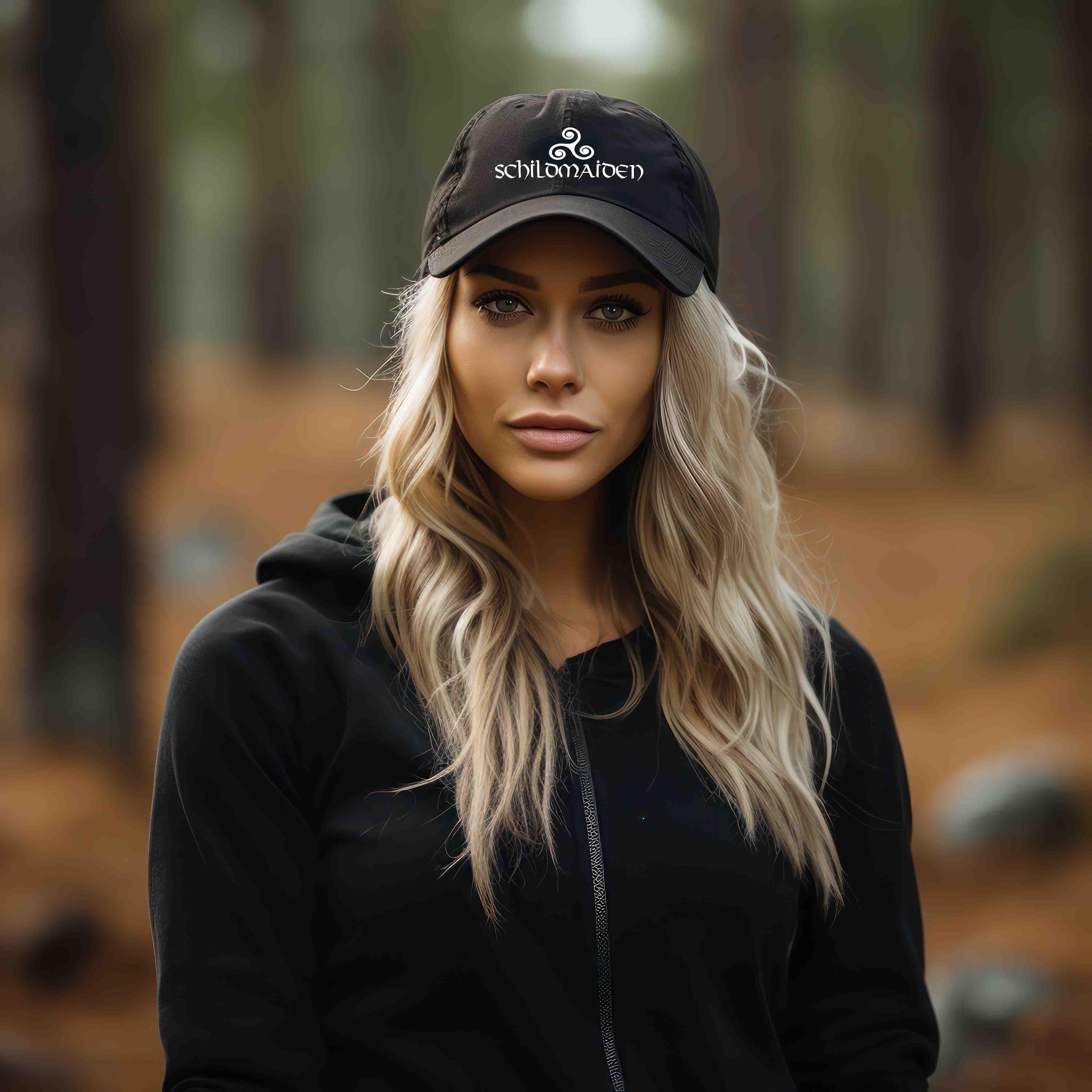 Woman wearing a black Schildmaiden cap in a forest setting