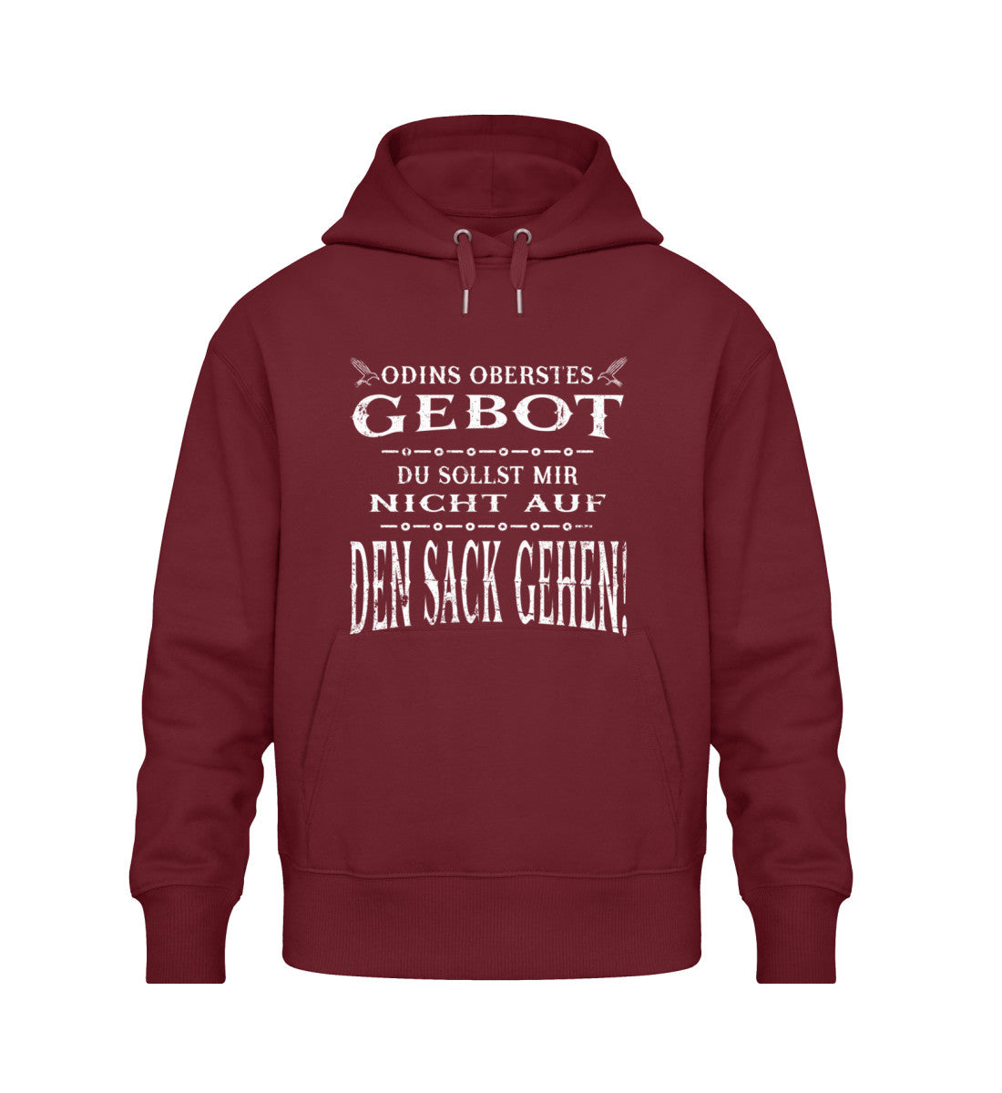 Wikinger Oversize-Hoodie mit lustigem Spruch "Odins Oberstes Gebot: Du Sollst Mir Nicht Auf Den Sack Gehen!" in Rot