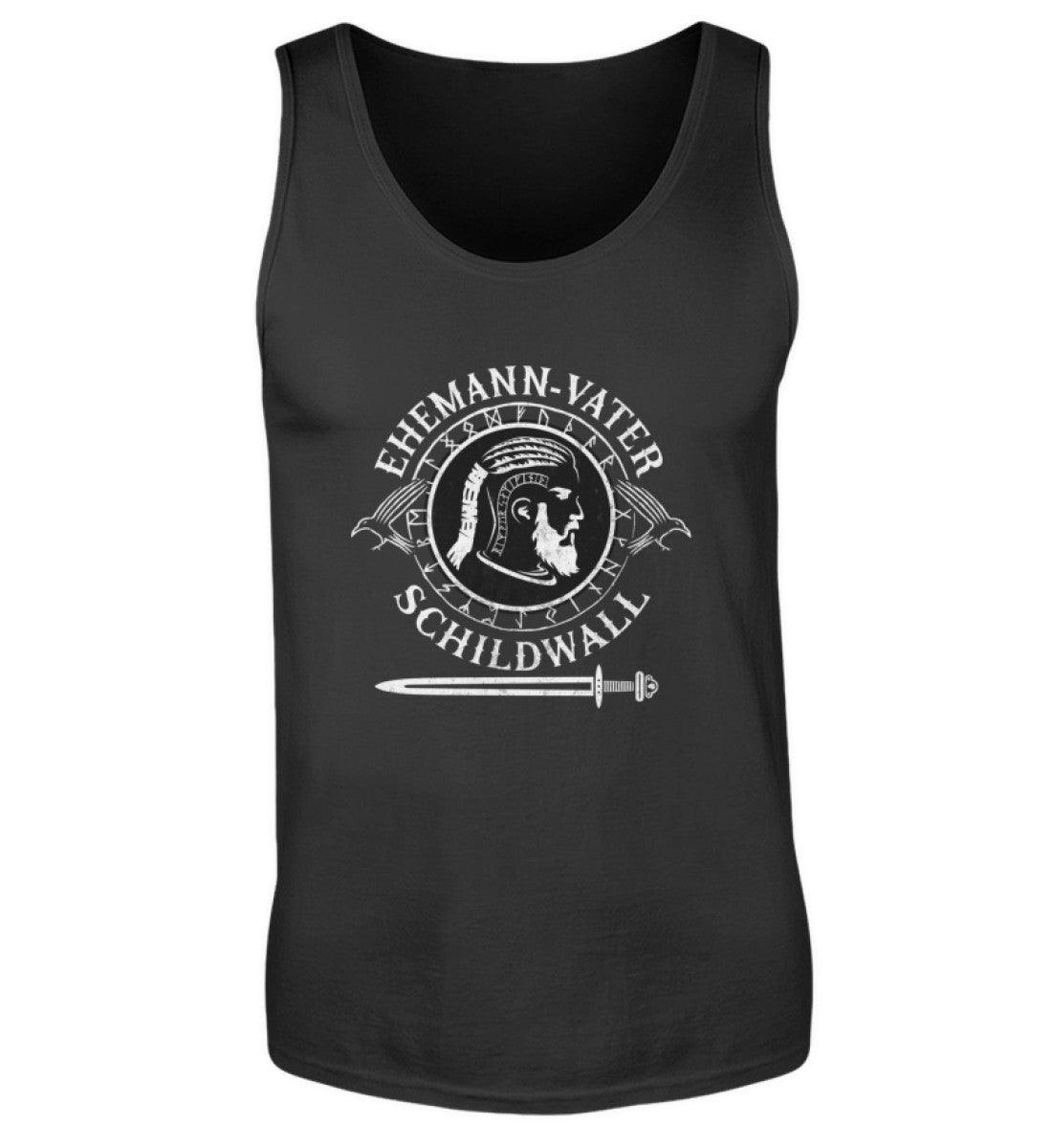 Schwarzes Herren Tanktop mit Wikinger Helm, Schwert und Text "Ehemann-Vater-Schildwall" Ausdruck in Weiß