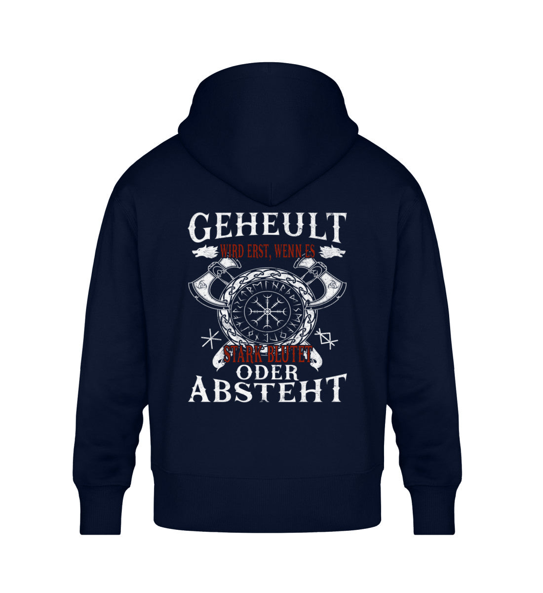 Lustiger Wikinger Oversize Hoodie mit Helm of Awe Symbol und witzigem Spruch auf der Rückseite.