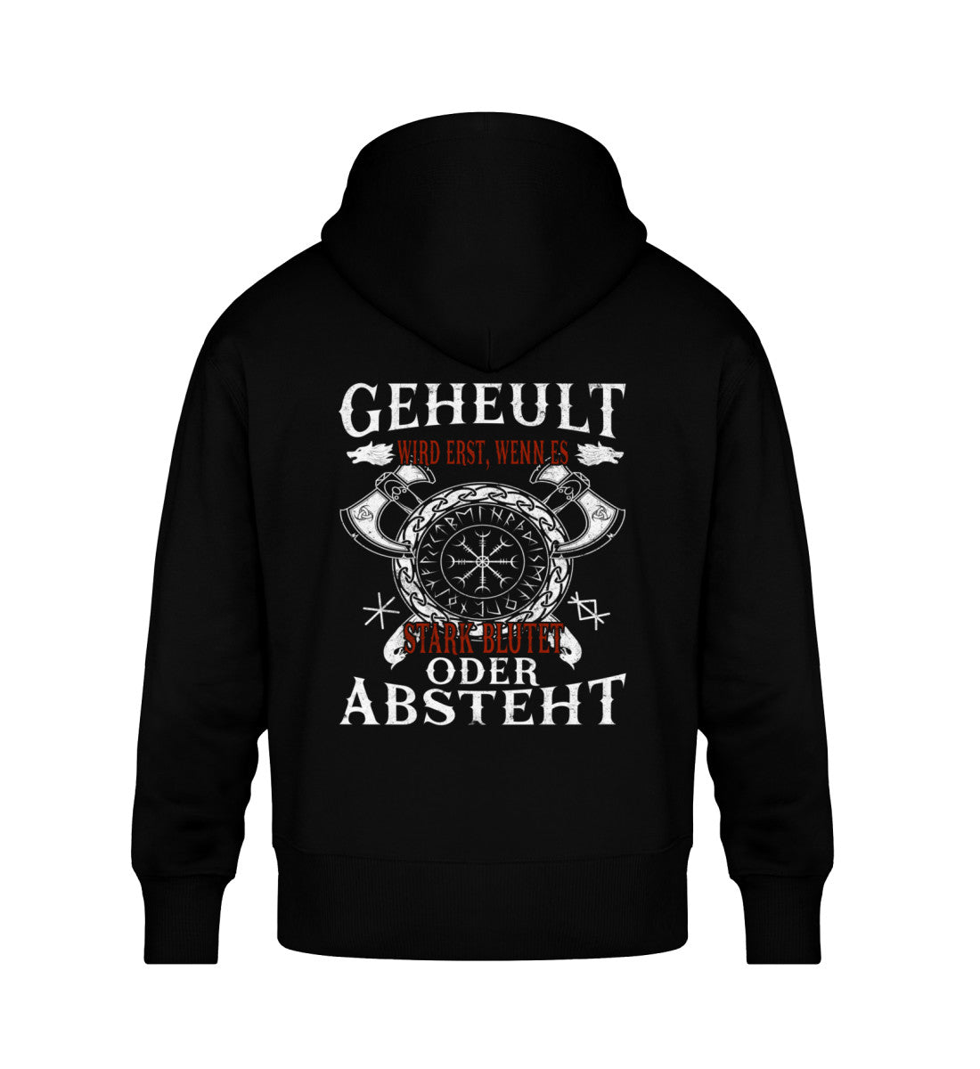 Lustiger Wikinger Oversize Hoodie mit witzigem Spruch und Helm of Awe-Symbol, schwarzer Hoodie rückseitig bedruckt