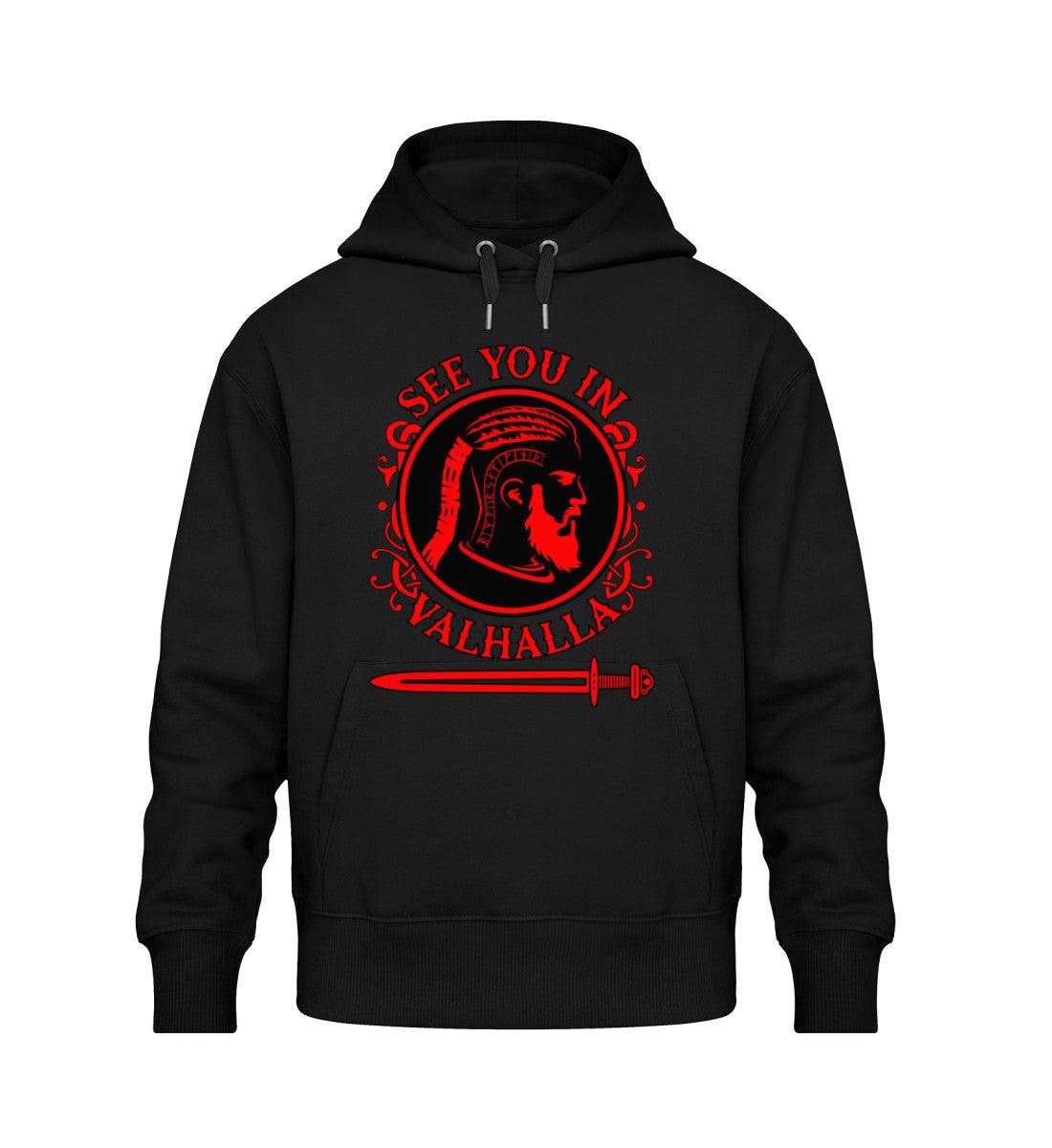 Wikinger See You In Valhalla Unisex Oversized Organic Hoodie in black with red design