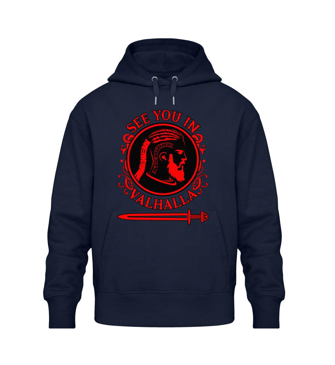 Navy blue unisex hoodie with "See You In Valhalla" and Viking helmet design in red, made from 100% organic cotton.