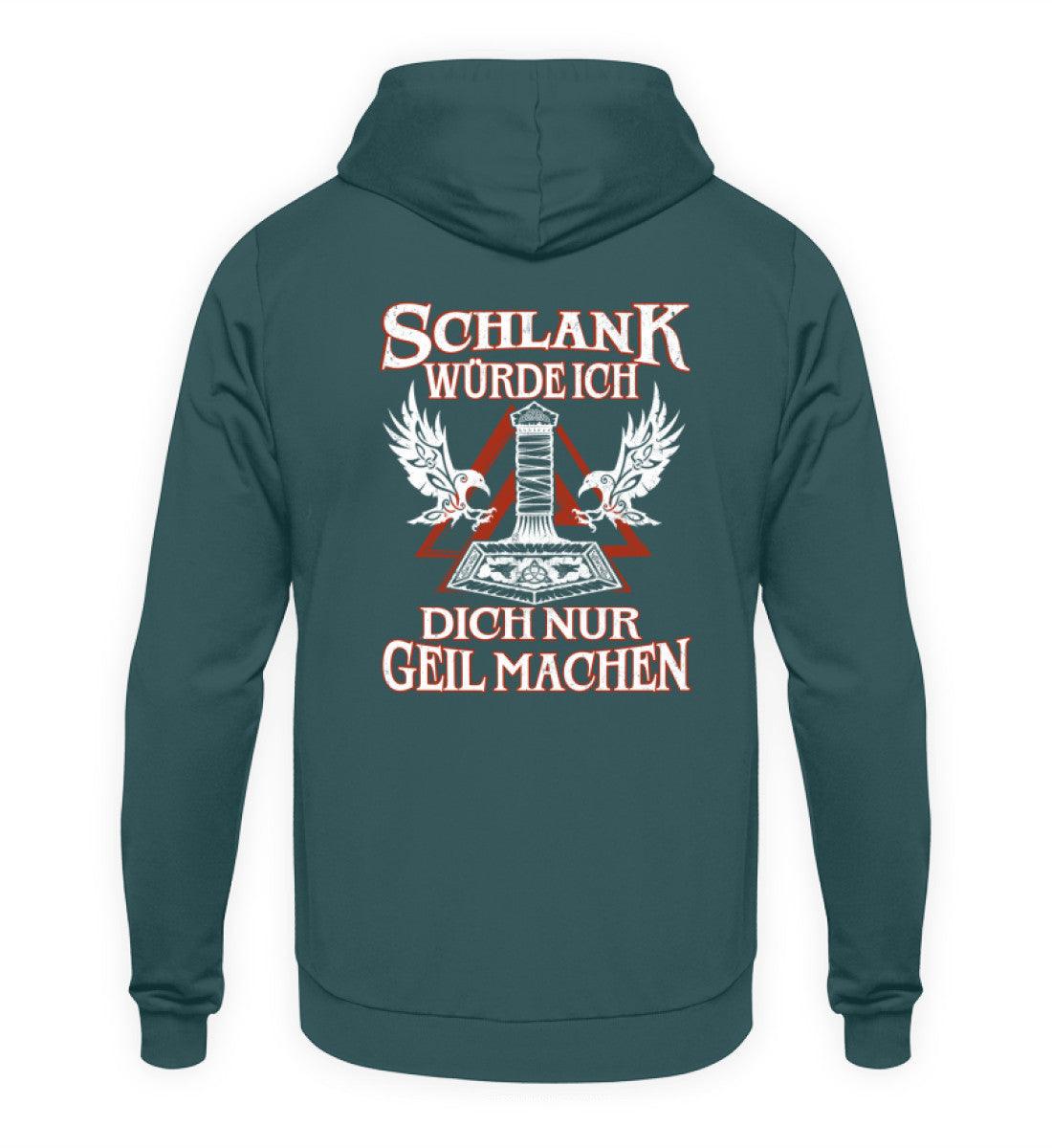 Lustiges Wikinger Hoodie Backside Schlank Würde Ich Unisex Kapuzenpullover in Türkis mit lustigem Slogan und Wikinger-Motiv