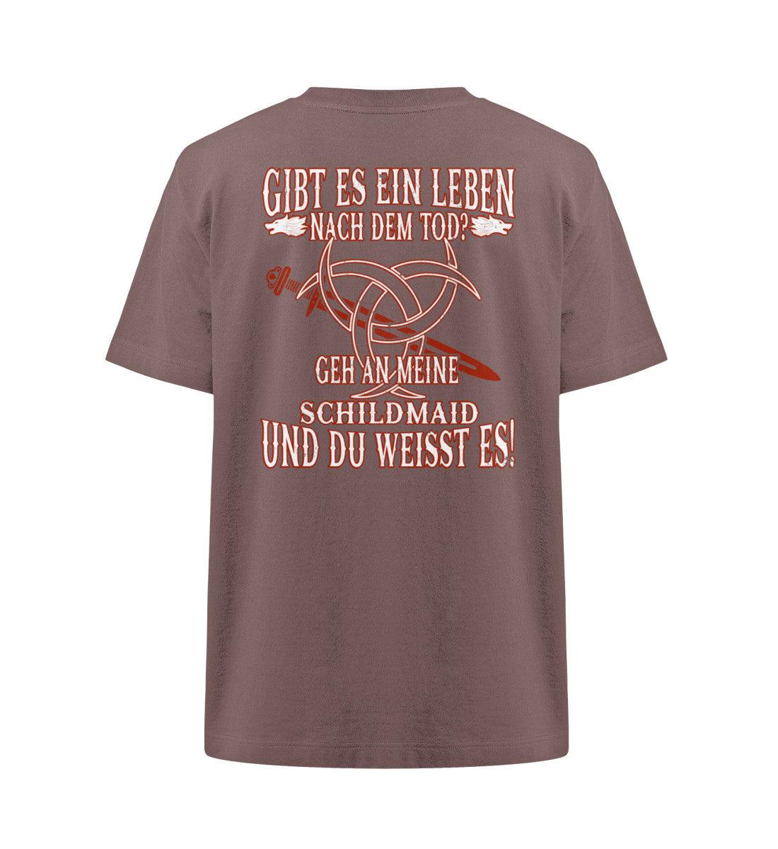 Lustiges Wikinger Oversize Shirt - Gibt Es Ein Leben Nach Dem Tod Design auf Braunes Bio-Baumwoll T-Shirt Rückseite