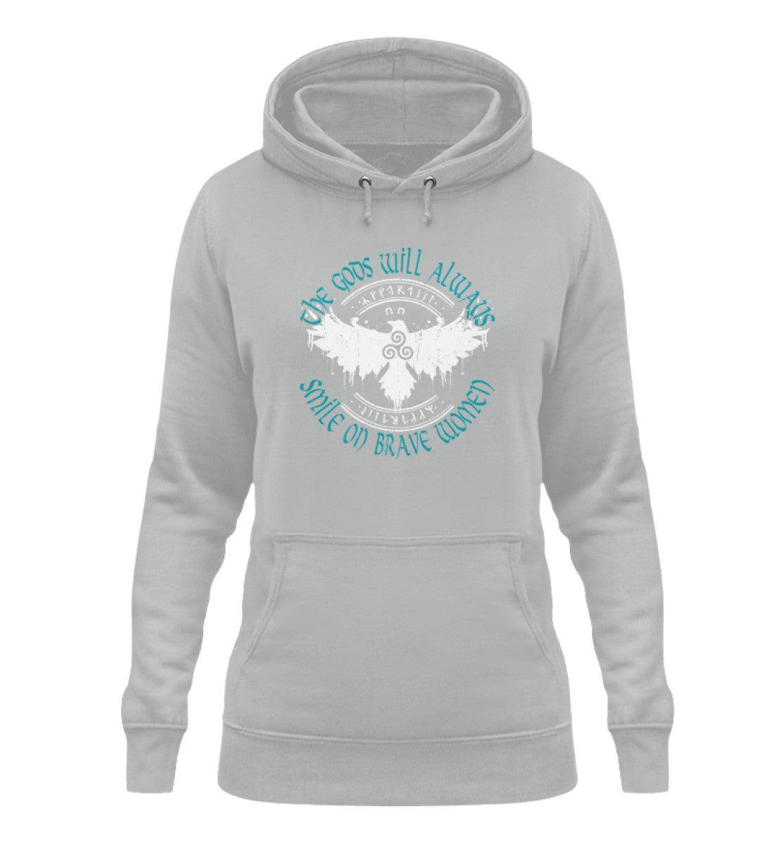 Schildmaiden Hoodie with "The Gods Will Always Smile on Brave Women" quote, featuring Celtic Triskelion and stylized eagle with runes