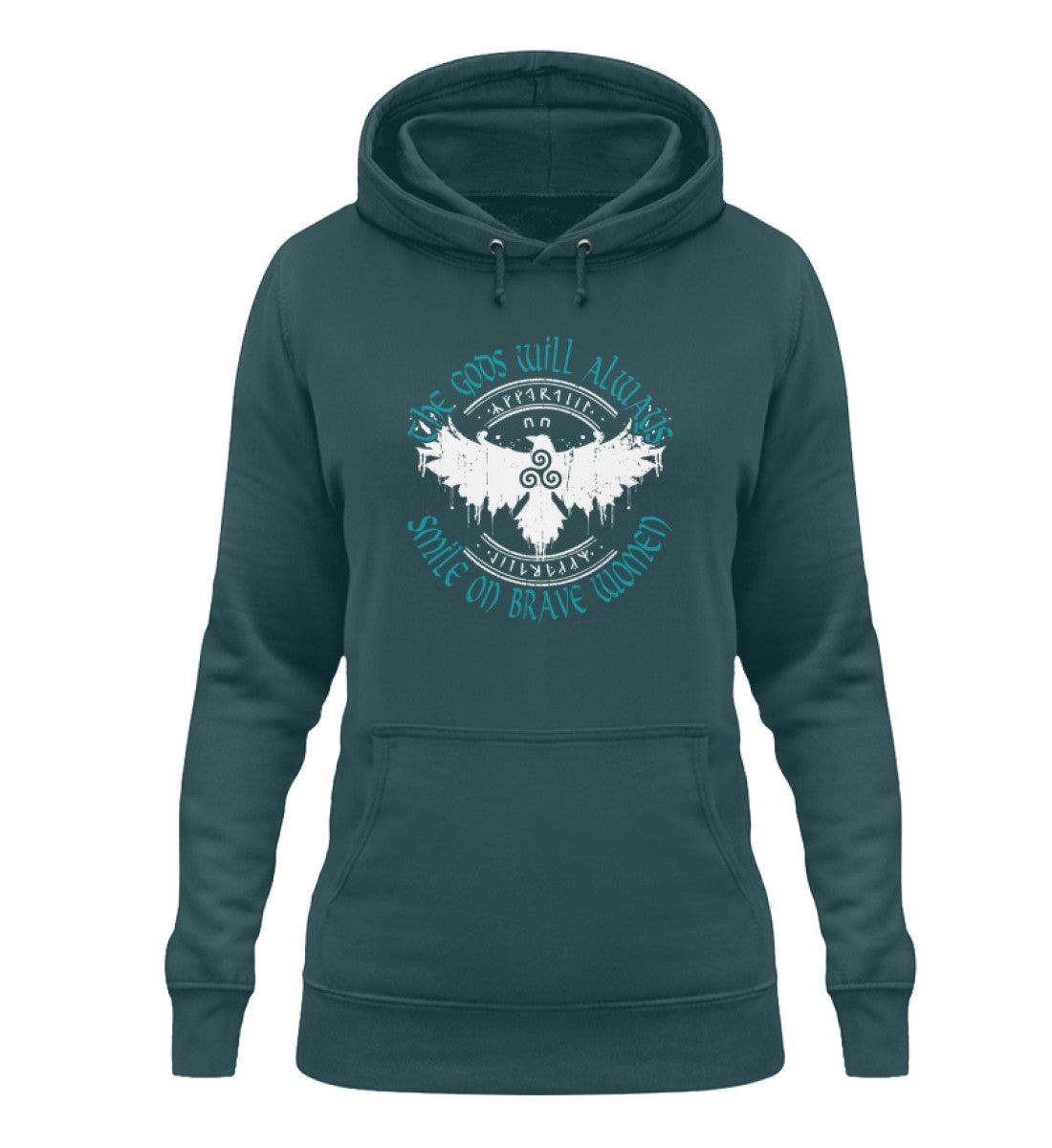 Schildmaiden Hoodie "The Gods Will Always Smile on Brave Women" with Celtic Triskelion, stylized eagle, and runes design