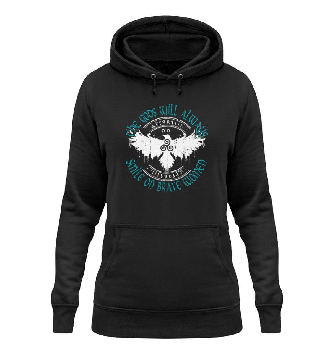 Black Schildmaiden Hoodie with Celtic Triskelion, stylized eagle, runes, and the phrase "The Gods Will Always Smile on Brave Women".