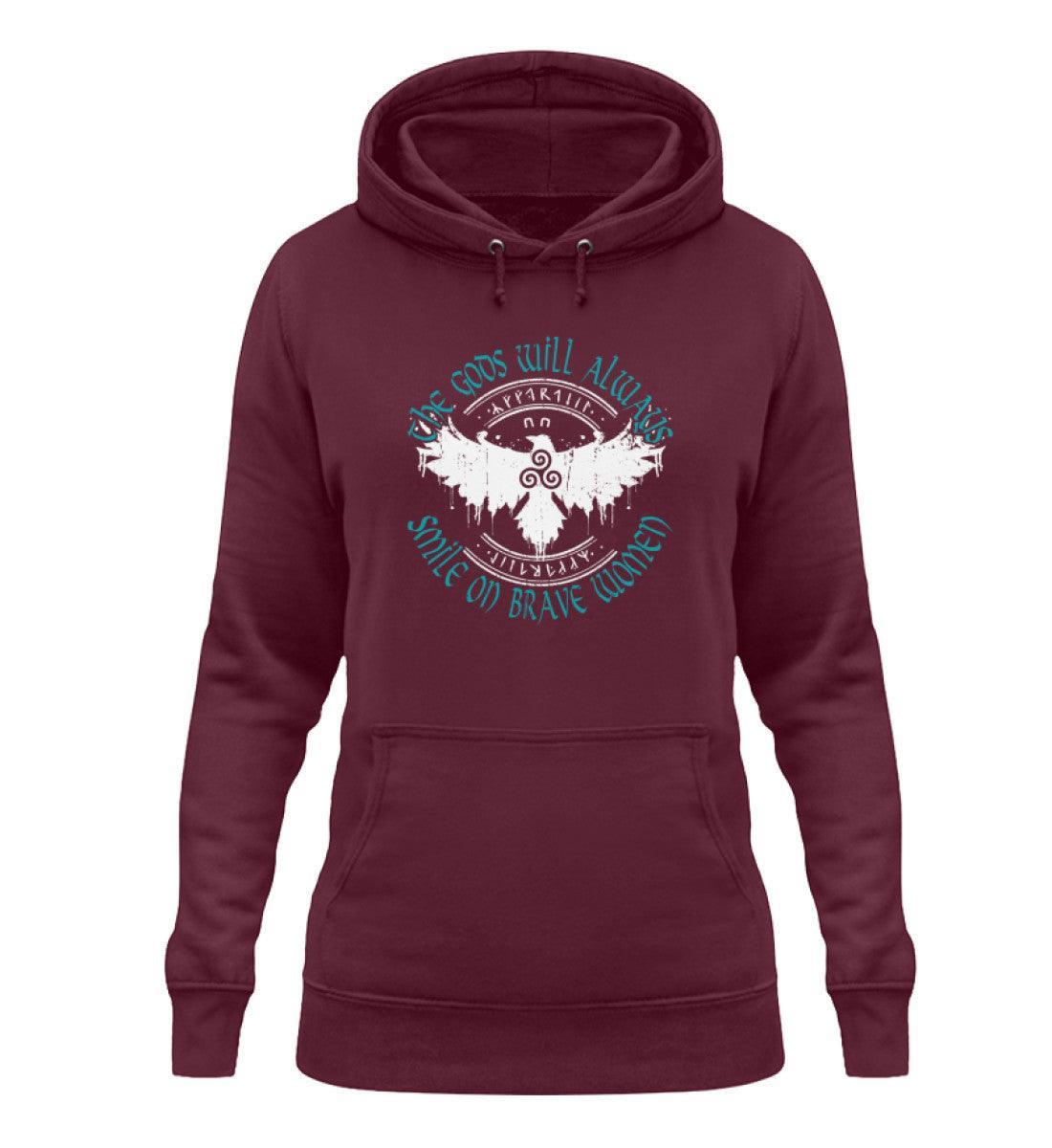 Schildmaiden Hoodie with "The Gods Will Always Smile on Brave Women" quote, keltischer Triskelion, stilisierter Adler, und Runendesign