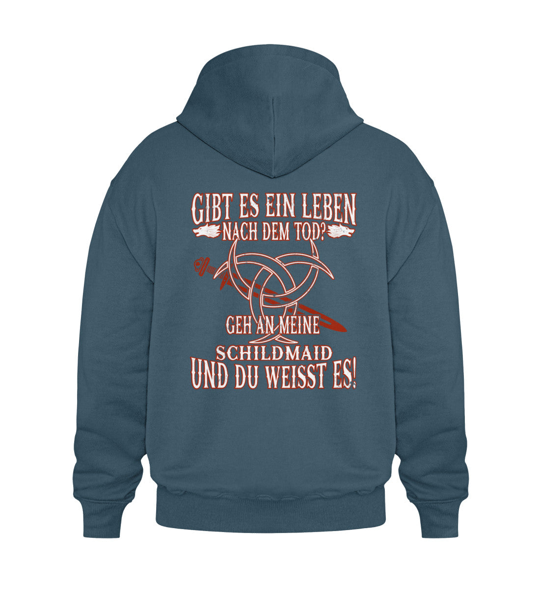 Rückansicht des lustigen Wikinger Heavy Vintage Hoodies mit dem Schriftzug "Gibt Es Ein Leben Nach Dem Tod?" und Wikinger-Design, ideal als Geschenk