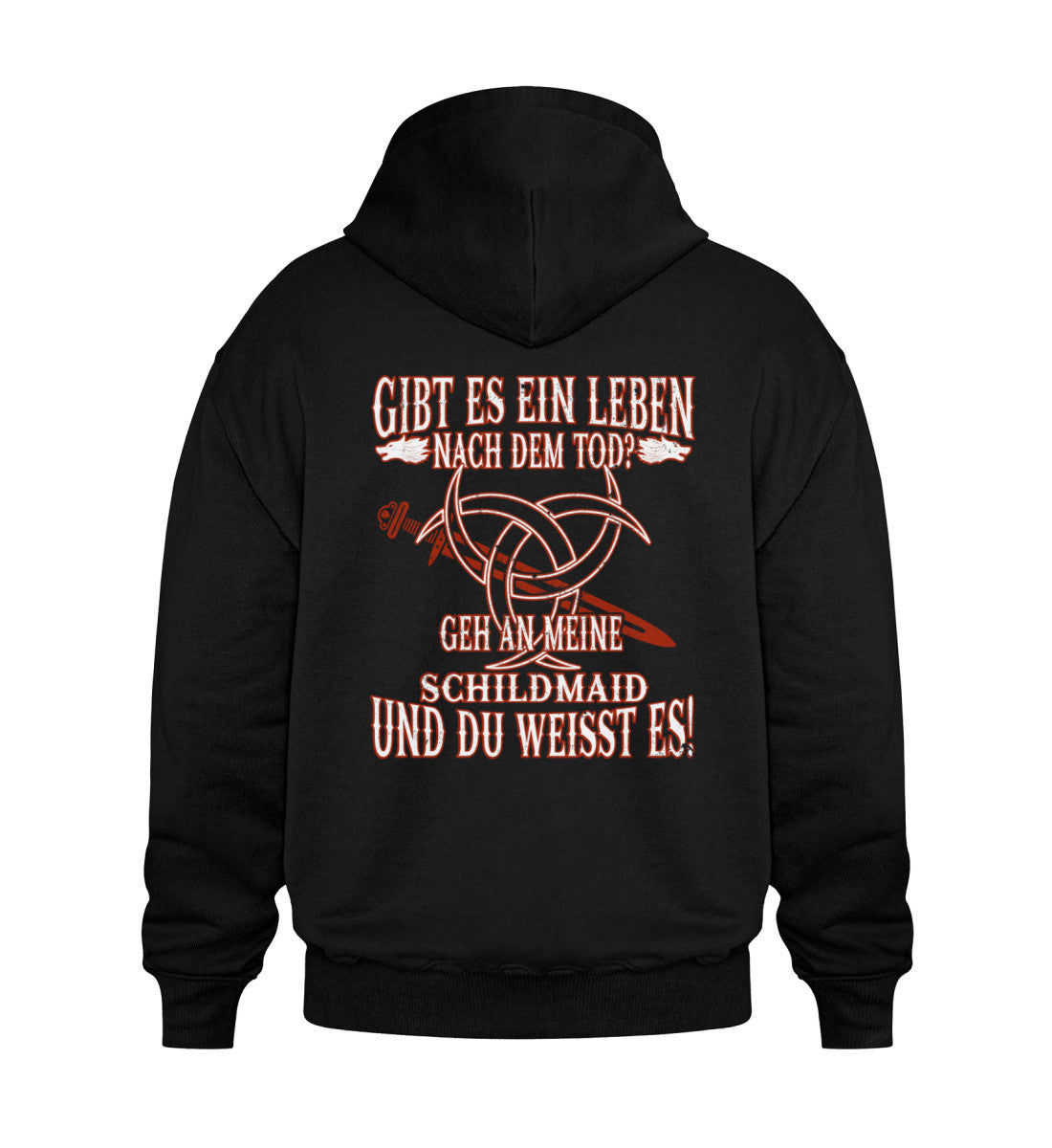 Lustiger Wikinger Heavy Vintage Hoodie Rückseite mit "Gibt Es Ein Leben Nach Dem Tod?" Design und großer Kängurutasche