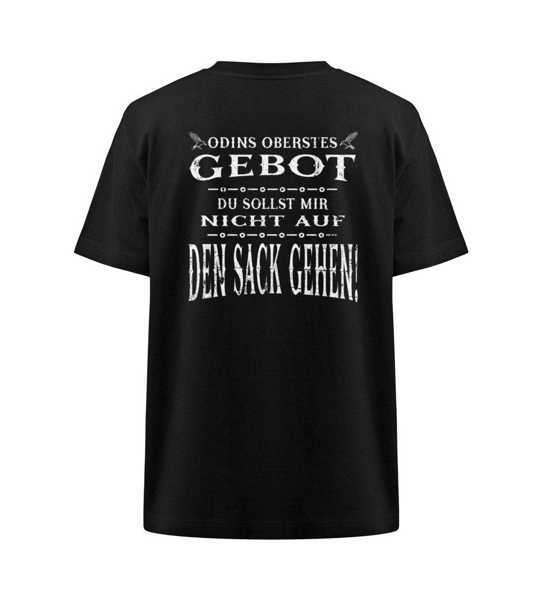 Wikinger Oversize Shirt mit witzigem Spruch "Odins Oberstes Gebot: Du Sollst Mir Nicht Auf Den Sack Gehen!" auf schwarzem Hintergrund