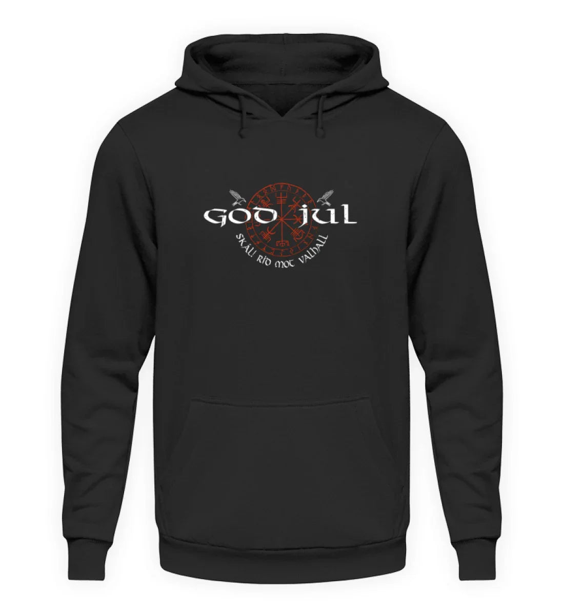 God Jul – Skål! Rid mot Valhall – Wikinger Jul Motiv mit Raben und Runenzeichen auf schwarzem Hoodie