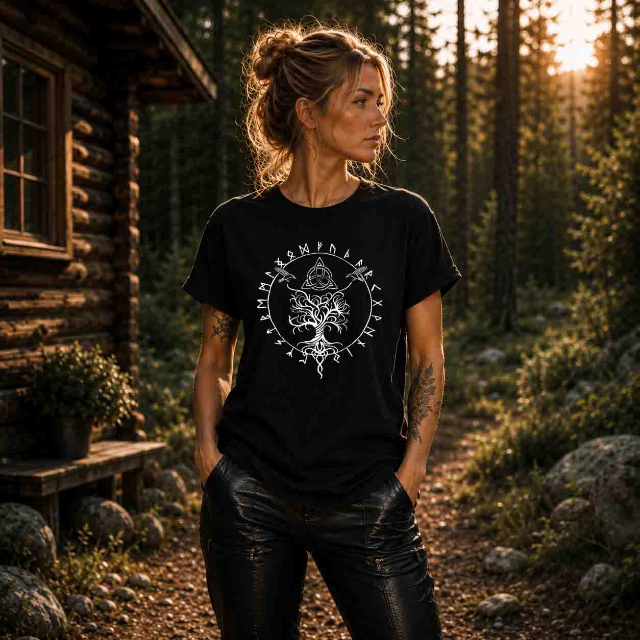 Schildmaiden Premiumshirt Frontprint Huginn-&-Munnin-Triquetra-Design