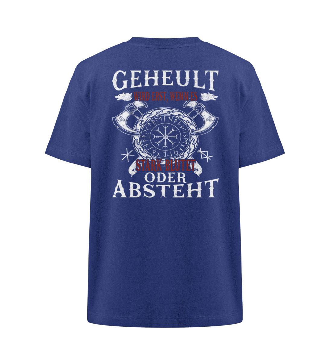 Humorvolles blaues Viking-T-Shirt mit Helm of Awe-Symbol und witzigem Spruch auf dem Rücken