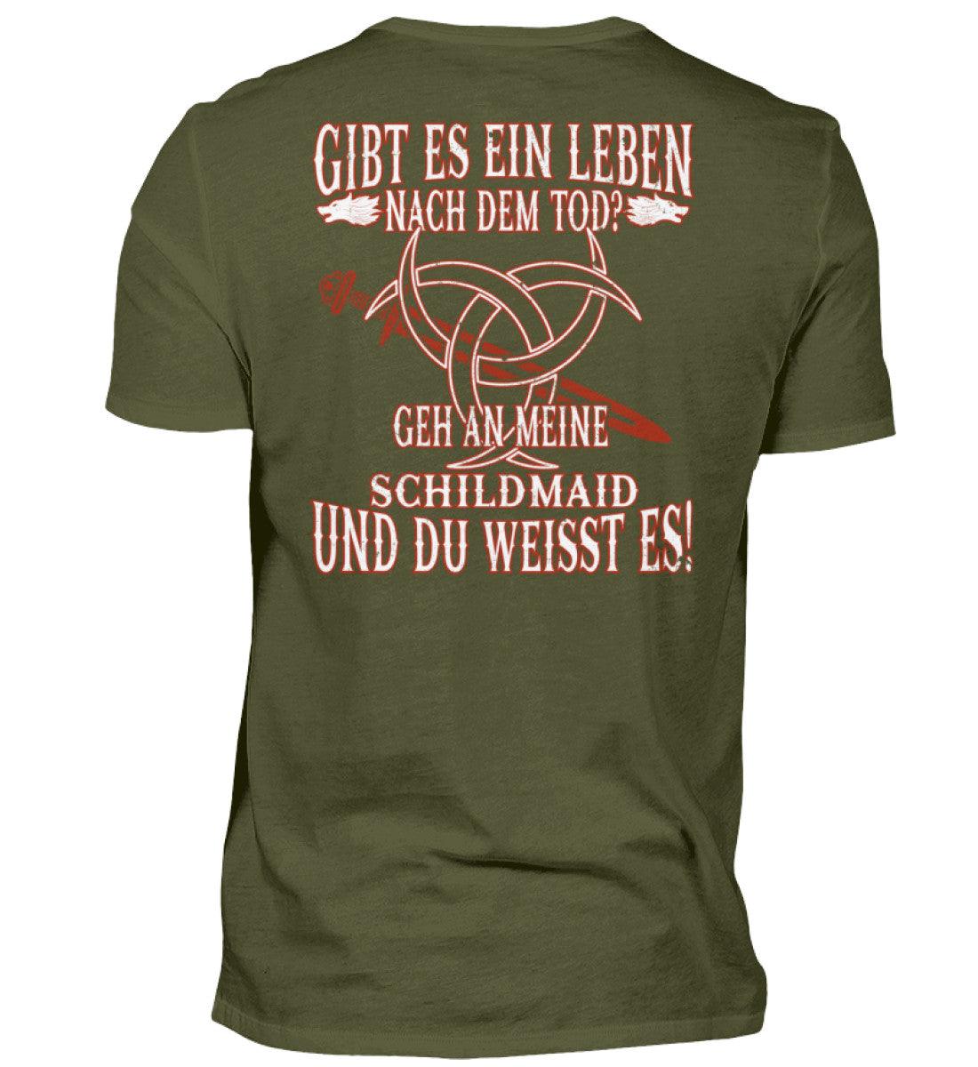 Wikinger Shirt mit Spruch "Gibt es ein Leben nach dem Tod? Geh an meine Schildmaid und du weißt es!" und nordischen Symbolen.