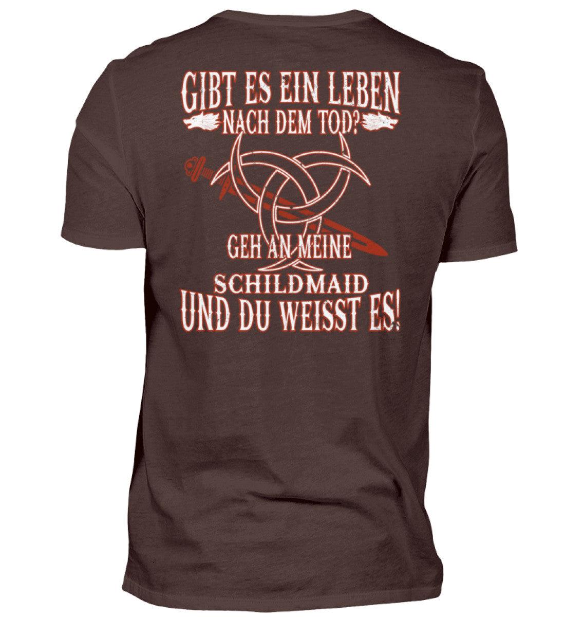 Wikinger Shirt mit lustigem Spruch und nordischem Design, zeigt keltischen Knoten, Schwert und Text "Gibt es ein Leben nach dem Tod?"