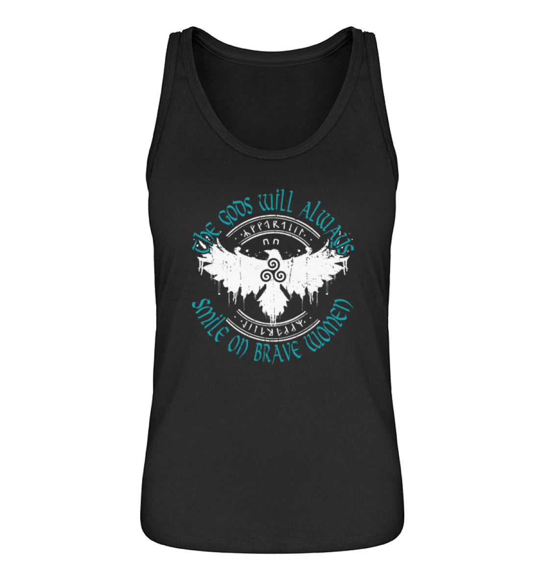 Black Schildmaiden tanktop with "The Gods Will Always Smile on Brave Women" text, Celtic Triskelion, stylized eagle, and runes.